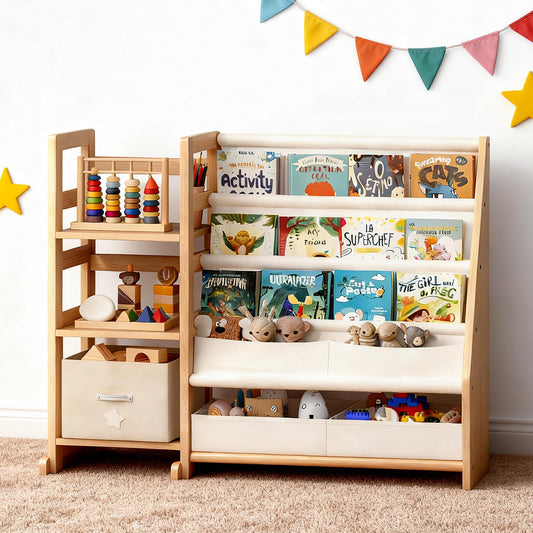 CACEJO Kid Bookshelf and Toy Storage Organizer - White 3 Tier Wooden Kids Book Shelf for Kids Rooms, Toddler Bookshelf Baby Bookcase for Nursery Class Room, Play Room- Cream White