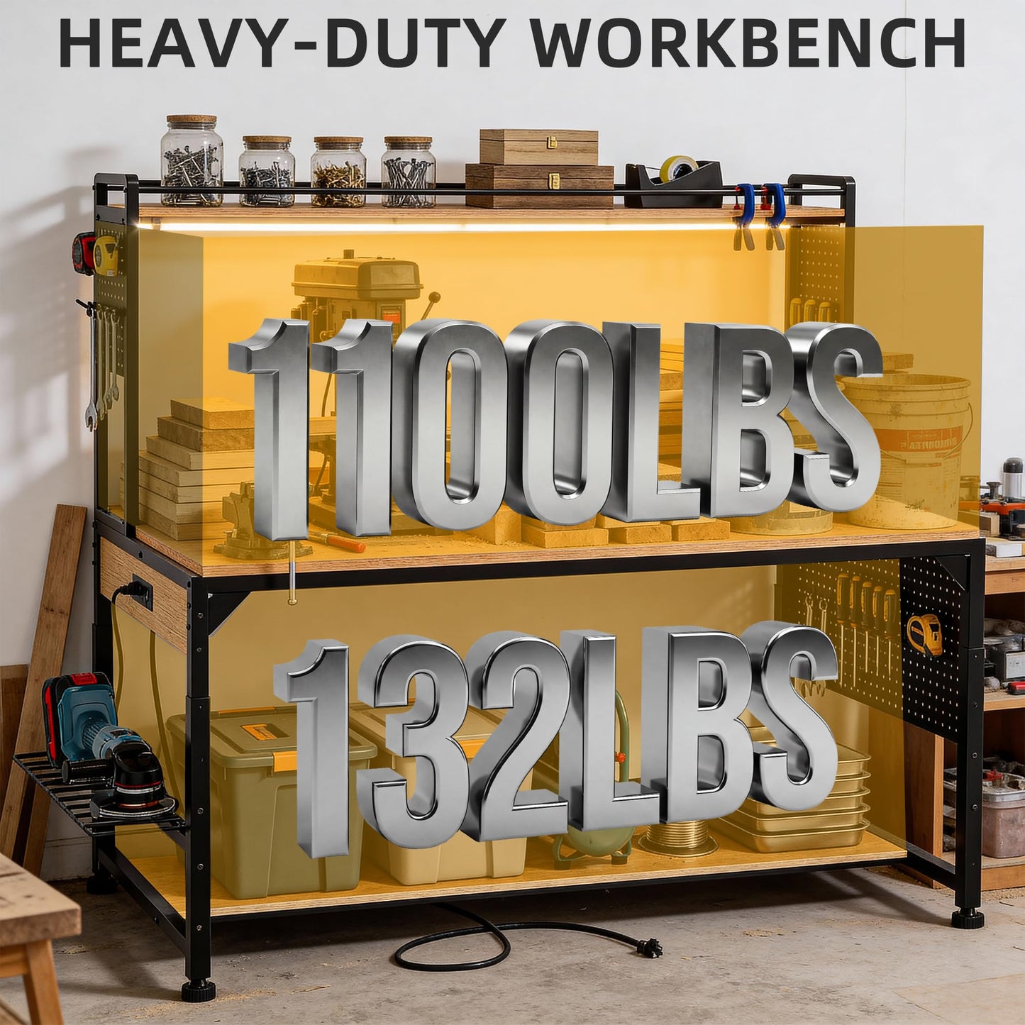 DWVO 59"x31" Adjustable Height Workbench with Pegboard and Storage Shelf, Heavy Duty Work Bench with Wheels, Load 1100lb, Work Table with AC/USB Outlet, LED Light, Hooks, for Garage, Workshop, Home
