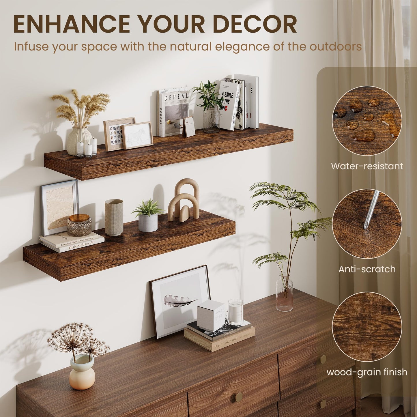 Fun Memories 12" Deep Floating Shelves for Wall, 36" W x 12" D Floating Shelves, Long Wood Floating Wall Shelf for Living Room Bathroom Bedroom Kitchen, Rustic Brown, Set of 2