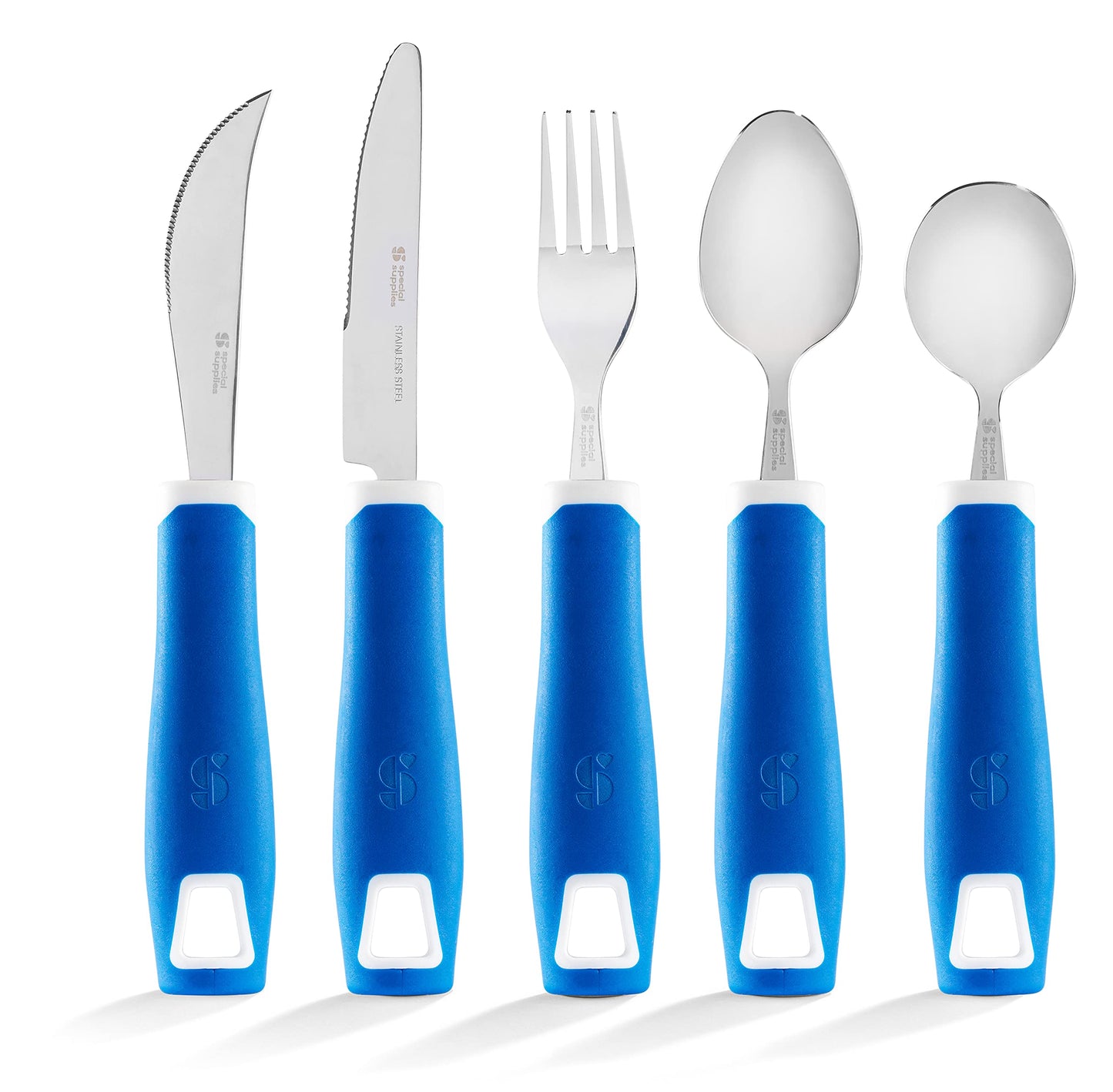 Special Supplies Adaptive Utensils 5-Piece Set Non-Weighted, Non-Slip Handles for Hand Tremors, Arthritis, Parkinson’s or Elderly Use - Stainless Steel Knife, Rocker Knife, Fork, Spoons - Blue