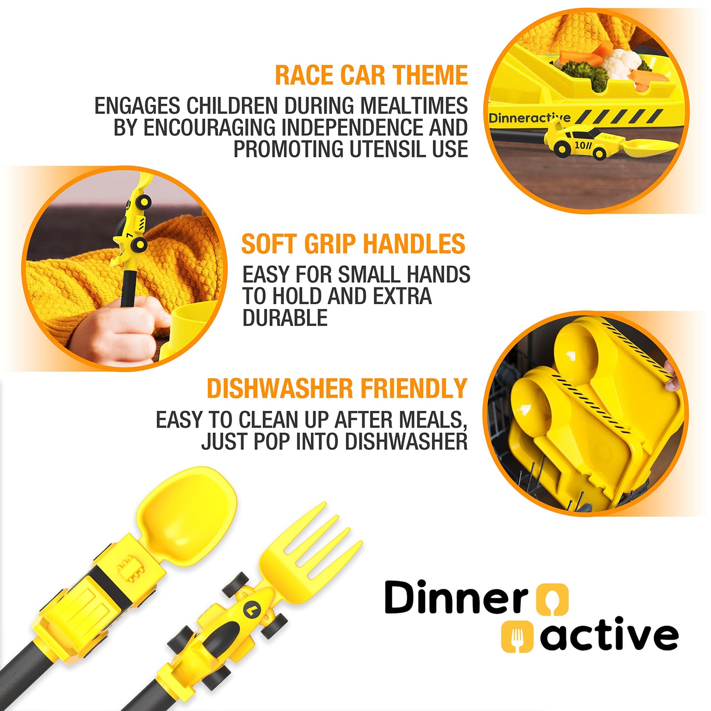 Dinneractive Utensil Set for Kids – Yellow Race Car Themed Fork and Spoon for Toddlers and Young Children – 2-Piece Set