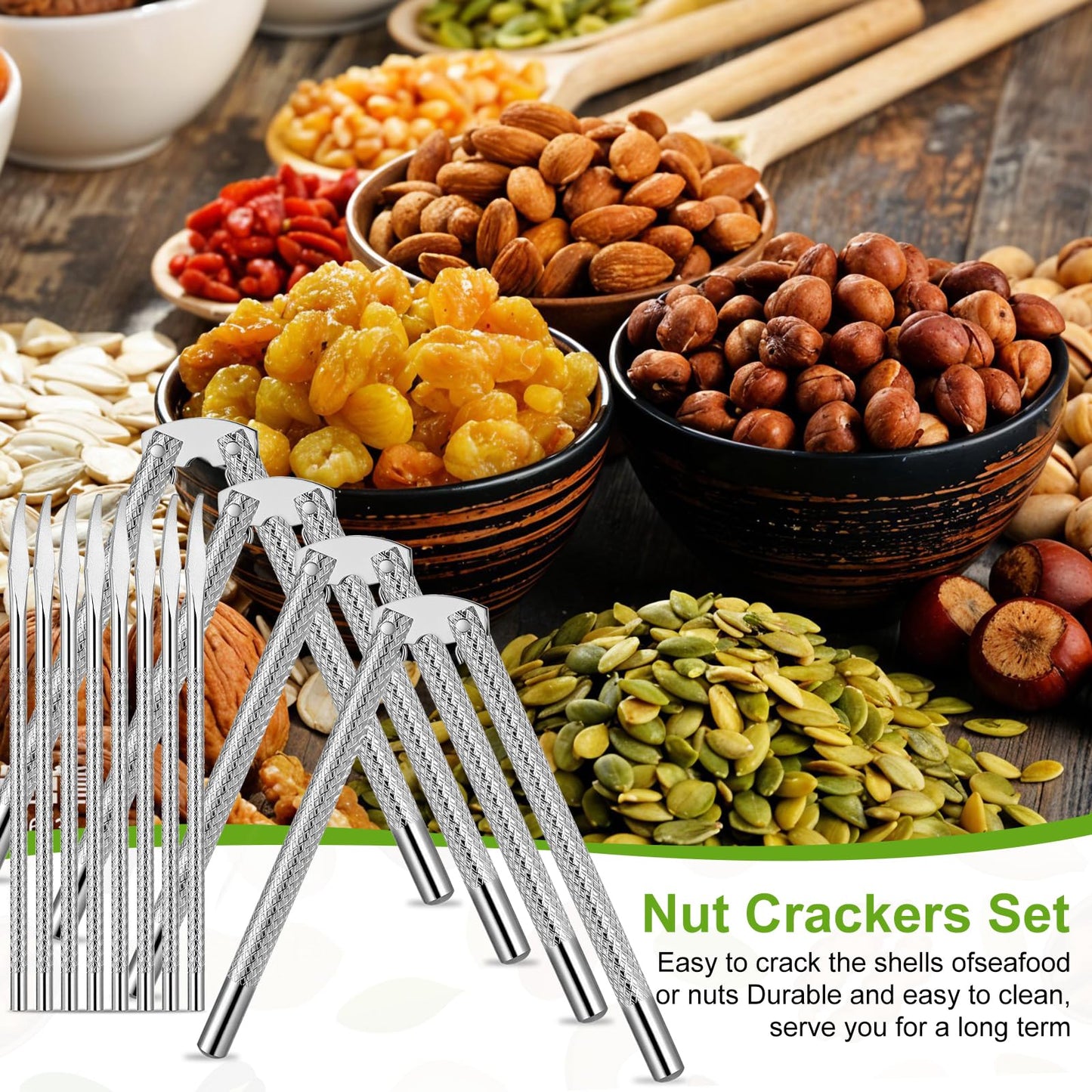 12-Piece Nut Cracker Tool Set with 4 Stainless Steel Crackers and 8 Picks for Seafood, Walnuts, Lobster, Crab, and Nuts