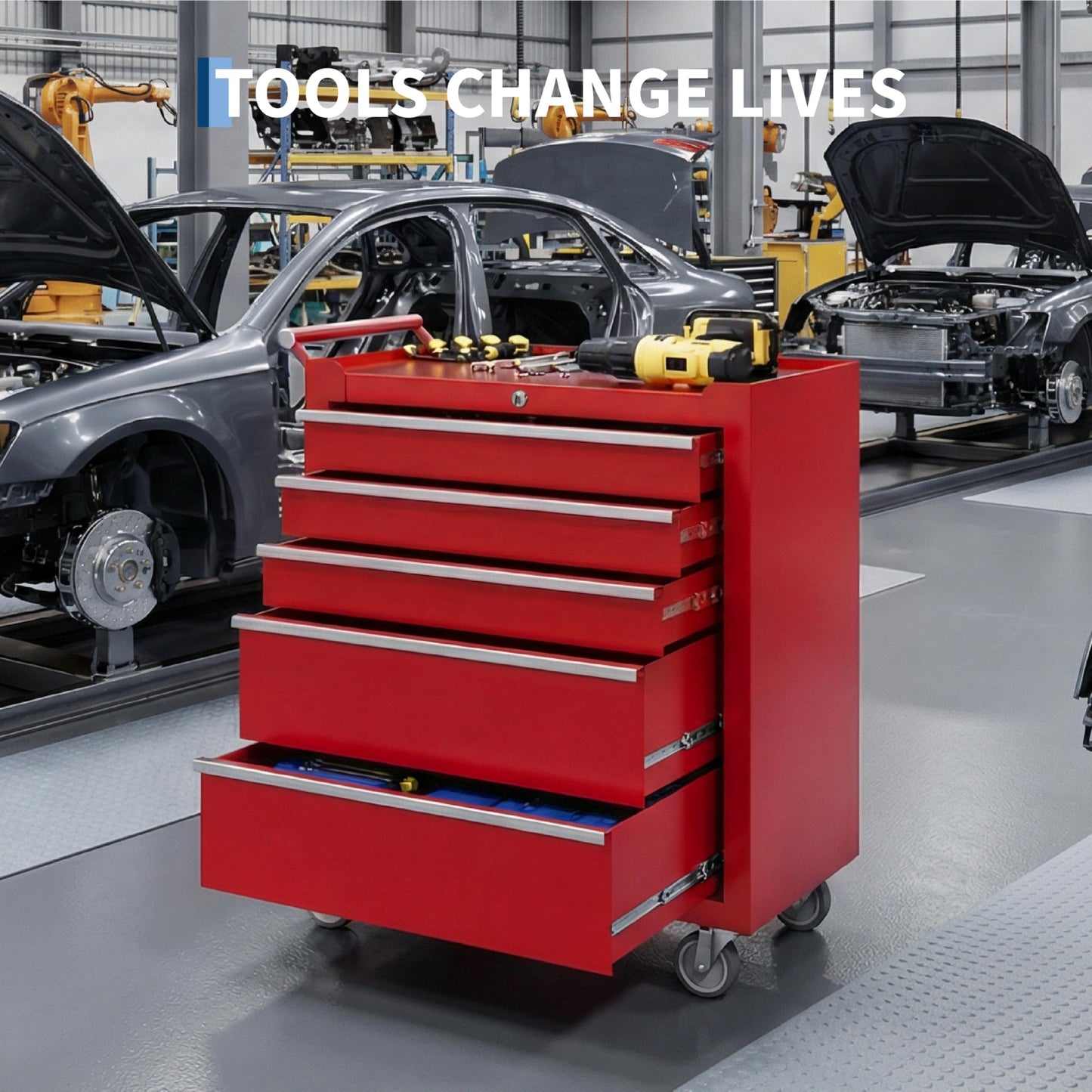 SierraSquad Rolling Tool Chest, 5-Drawer Tool Storage Cabinet, Tool Box with Wheels, Lock System and Drawer Liners, Tool Cart for Warehouse, Workshop and Repair Shop, Red