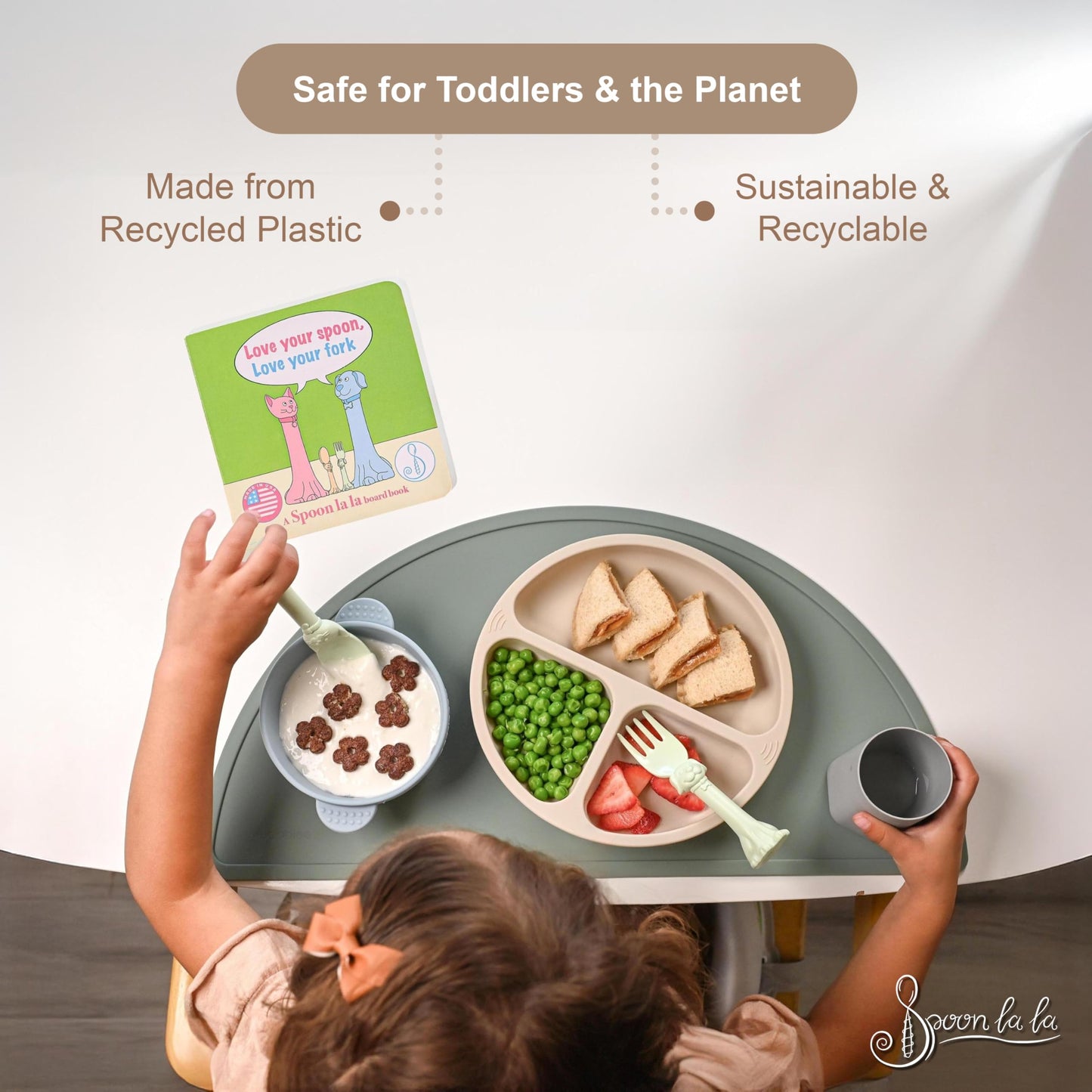 Made in USA Spoon la la Toddler Utensils Set (2 Pack) & Board Book - Spoon & Fork for Kids, Self-Standing 3D Ergonomic Cat & Dog Handles, BPA-free, Dishwasher Safe Baby Silverware (Mint Green)