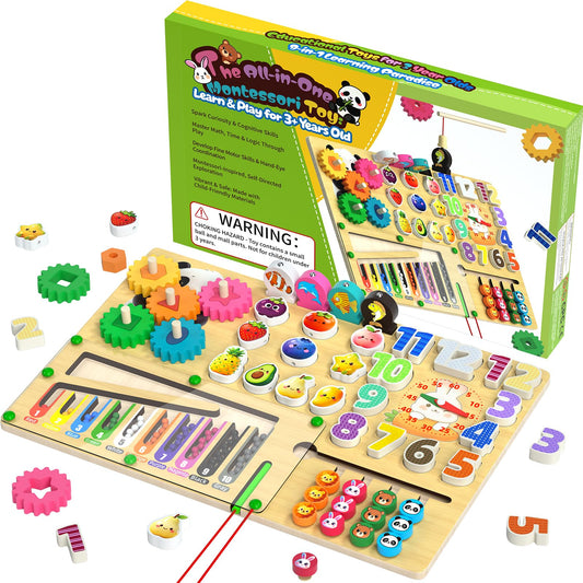 AOSITE Busy Boards Wooden Kids Toys 9-in-1 Montessori Toy Wooden Puzzle Board for Toddlers Montessori Wooden Educational Toys for Baby Boys Age 1 2 3 Year Old Birthday Girl Gifts Quiet Toys for Kids