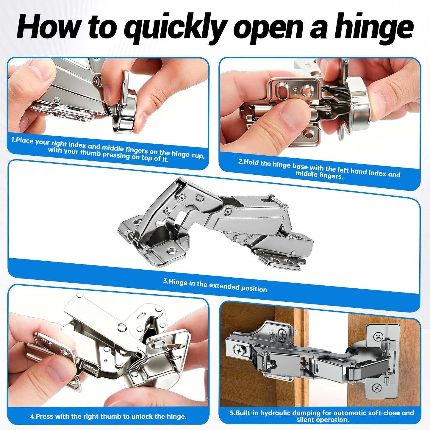 TopDirect 4 Pack Frameless Kitchen Cabinet Hinges,170 Degree Concealed Hydraulic Dampened Closing Door Hings for Closets,Storage Cabinet,Bookshelf Full Overlay Folding Cabinet Hinge Buffer Damper