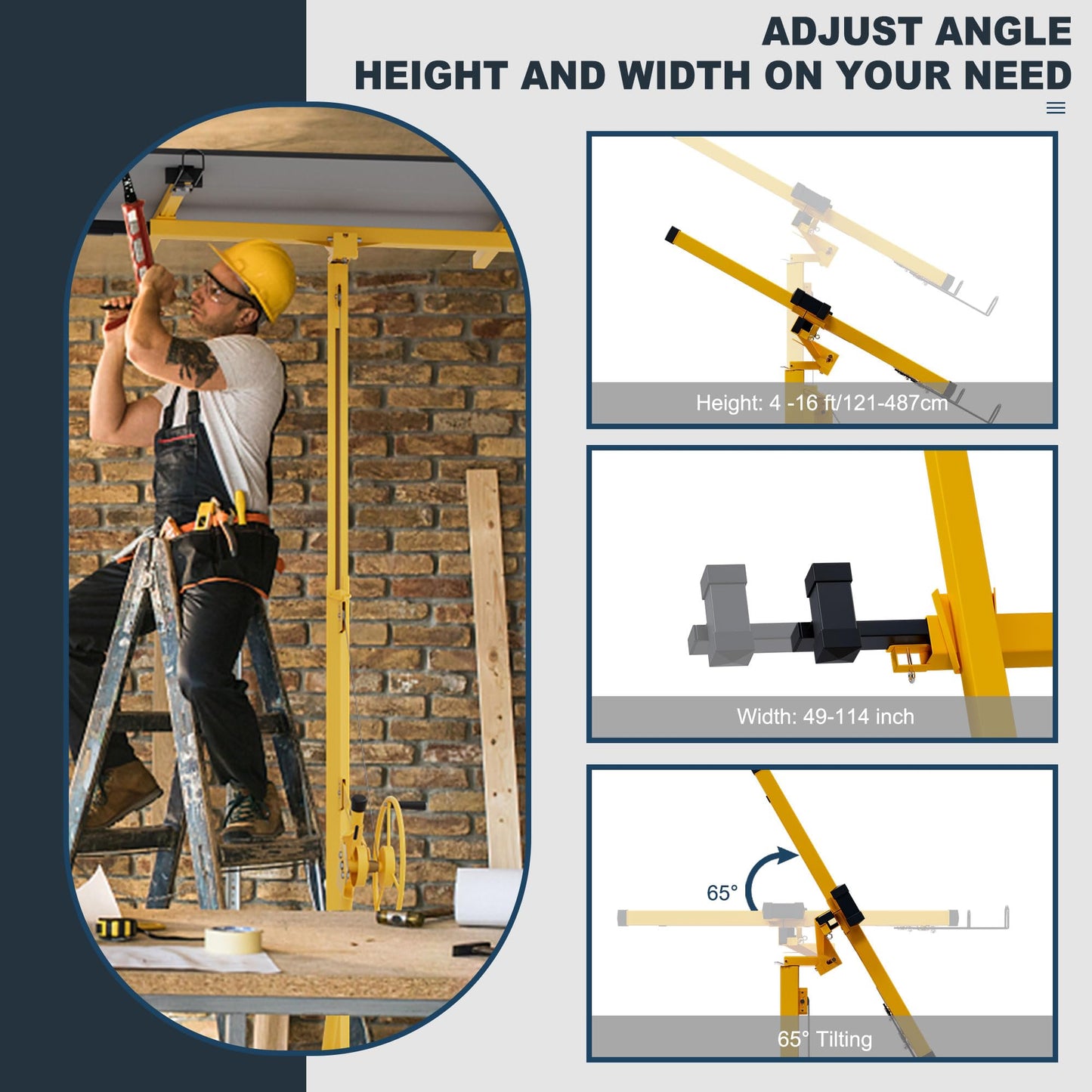 Drywall Lift 16 Ft,Sheetrock Lift Drywall Lifter,150LBS Heavy Duty Rolling Lifter Panel,Hoist Jack with 360° Adjustable Telescopic Arm & 3 Lockable Wheels (16 Ft Yellow) (16FT Yellow)