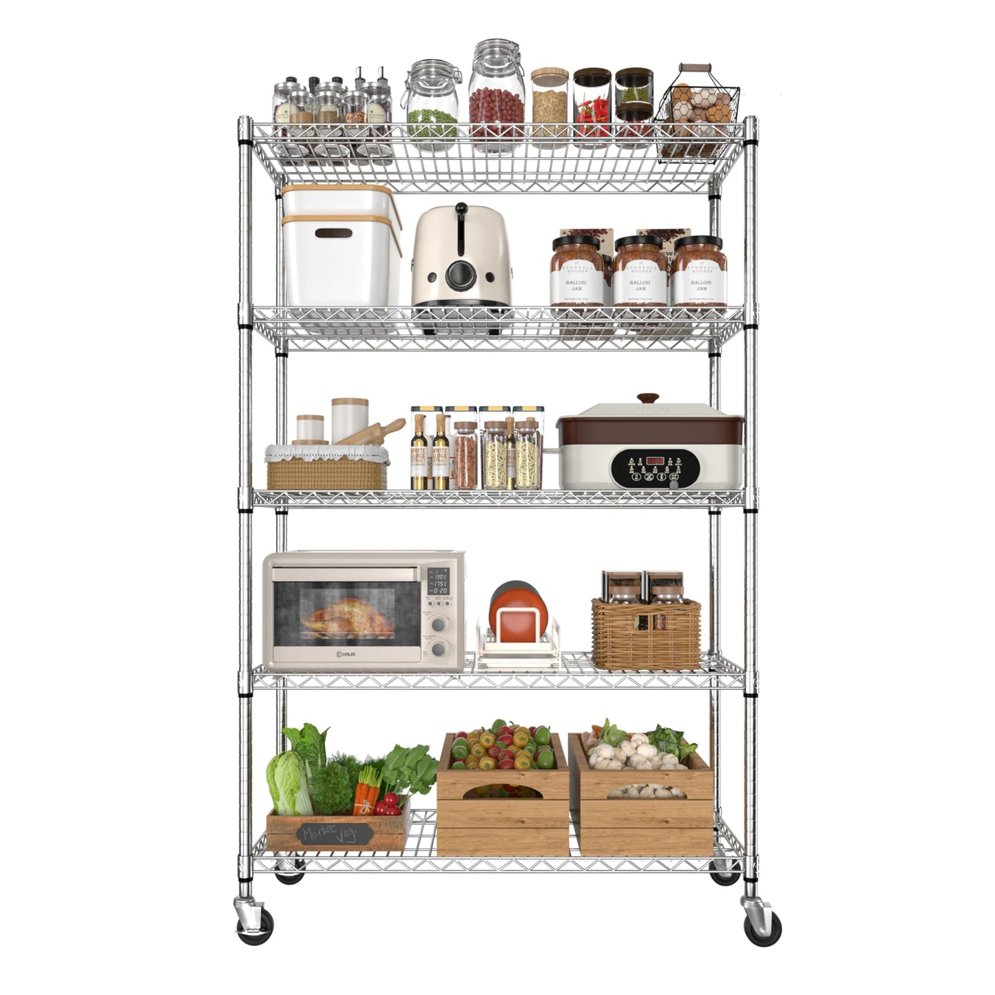 BlueWish 5-Tier Heavy Duty Steel Wire Shelving Unit with Wheels, Adjustable Storage Shelving Unit, 18" D x 48" W x 76" H NSF Certified Rolling Shelving for Kitchen Garage Basement Warehouse, Chrome