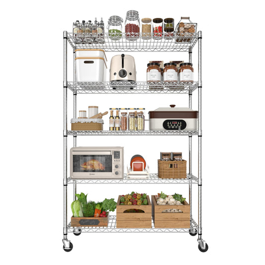 BlueWish 5-Tier Heavy Duty Steel Wire Shelving Unit with Wheels, Adjustable Storage Shelving Unit, 18" D x 48" W x 76" H NSF Certified Rolling Shelving for Kitchen Garage Basement Warehouse, Chrome