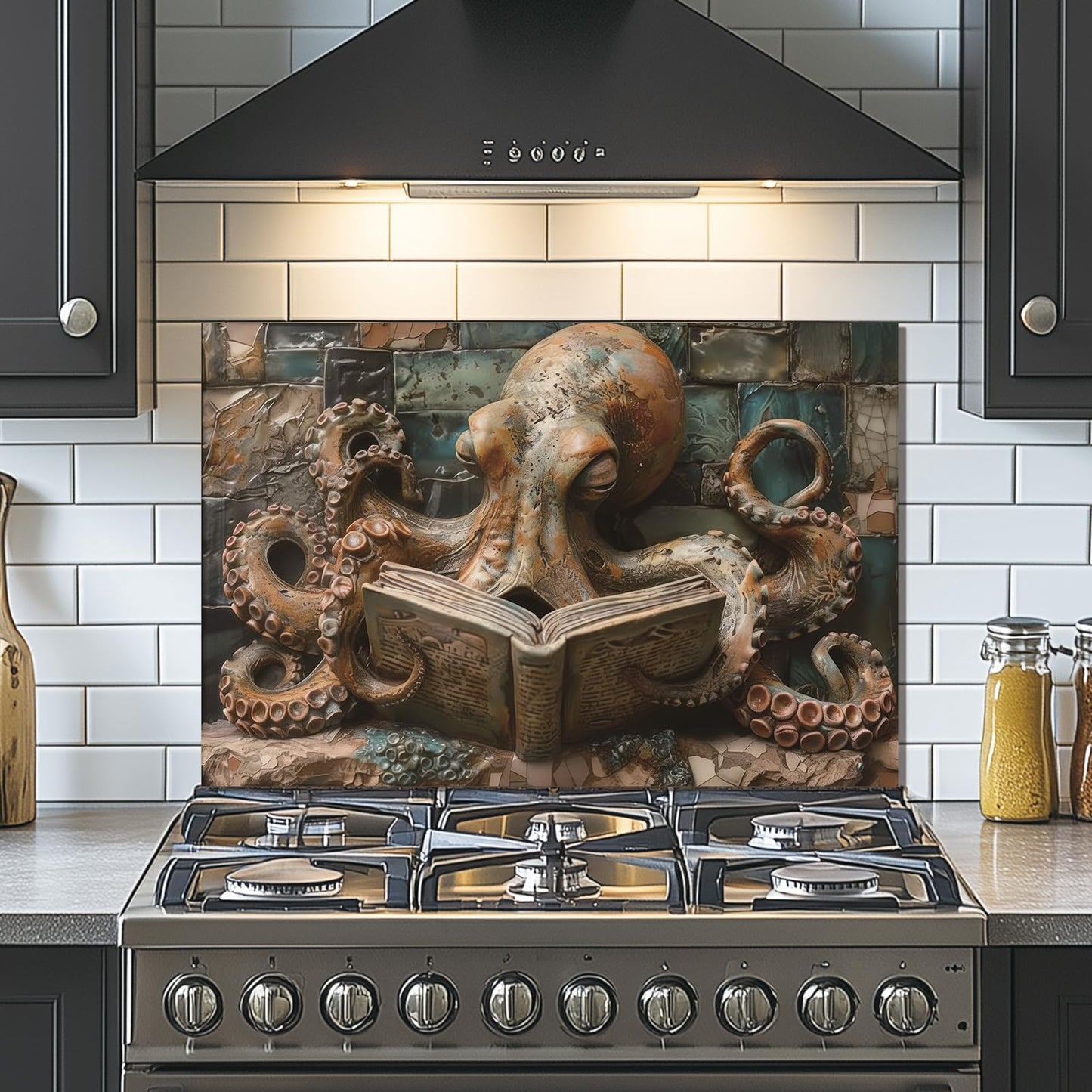 Evgosm Octopus Tempered Glass Kitchen Backsplash, Easy-to-Clean Kitchen Sink Cover with Splash Shield, Home Kitchen Decor (30 inches x 18 inches).