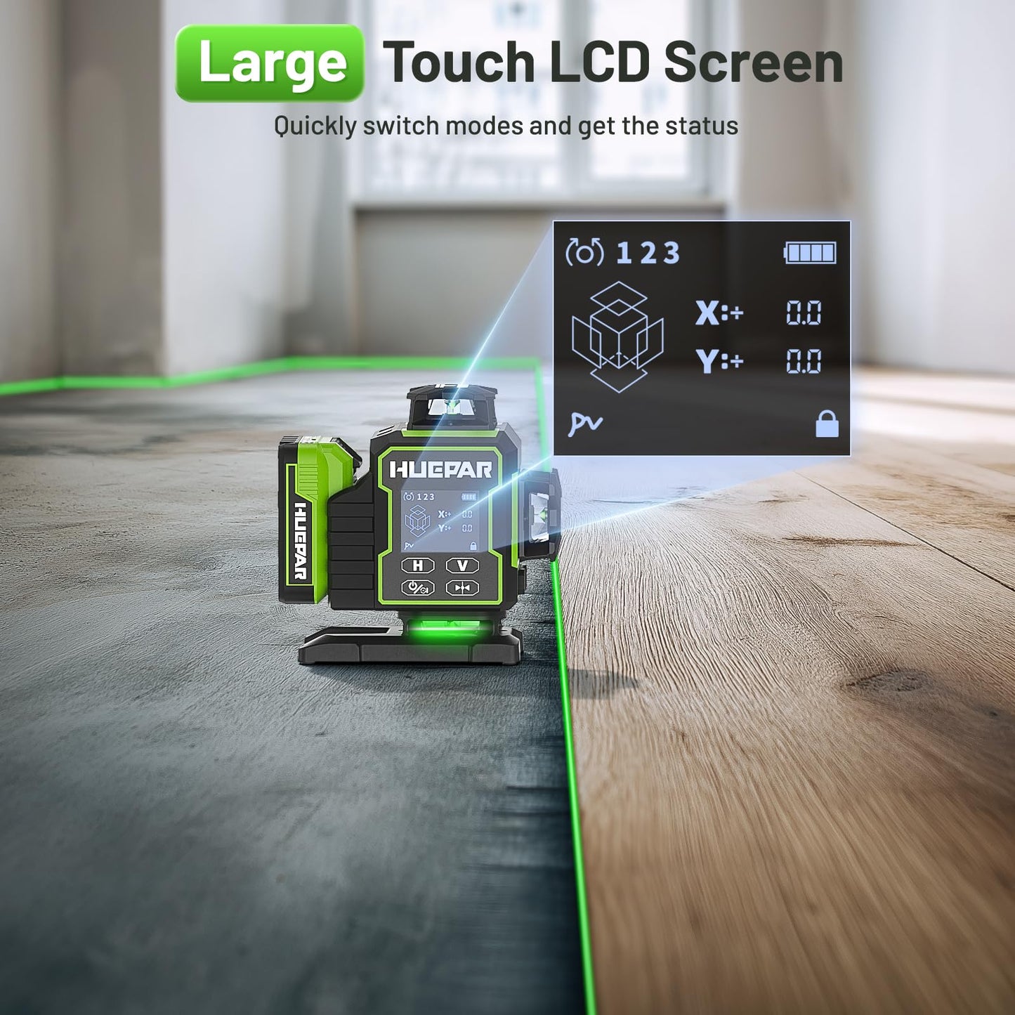 Huepar W04CG 4D Laser Level with Receiver for Outdoor or Longer Distance Use, Up to 400 ft, 4x360° Self Leveling Green Lazer Leveler Tool for Construction, Tiling, Framing, Drop Ceiling, Floor etc.