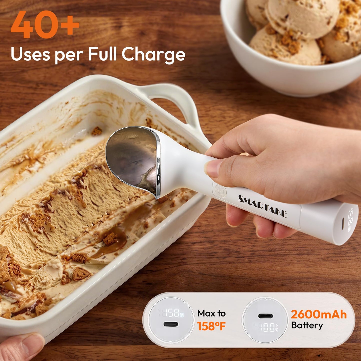 SMARTAKE Heated Ice Cream Scoop, Self Warming to 158°F for Hard Ice Cream, Rechargeable Electric Ice Cream Scoop with On/Off Button, Heat-Proof Shell, 2oz Large Spoon, LED Display, 2600mAh, White