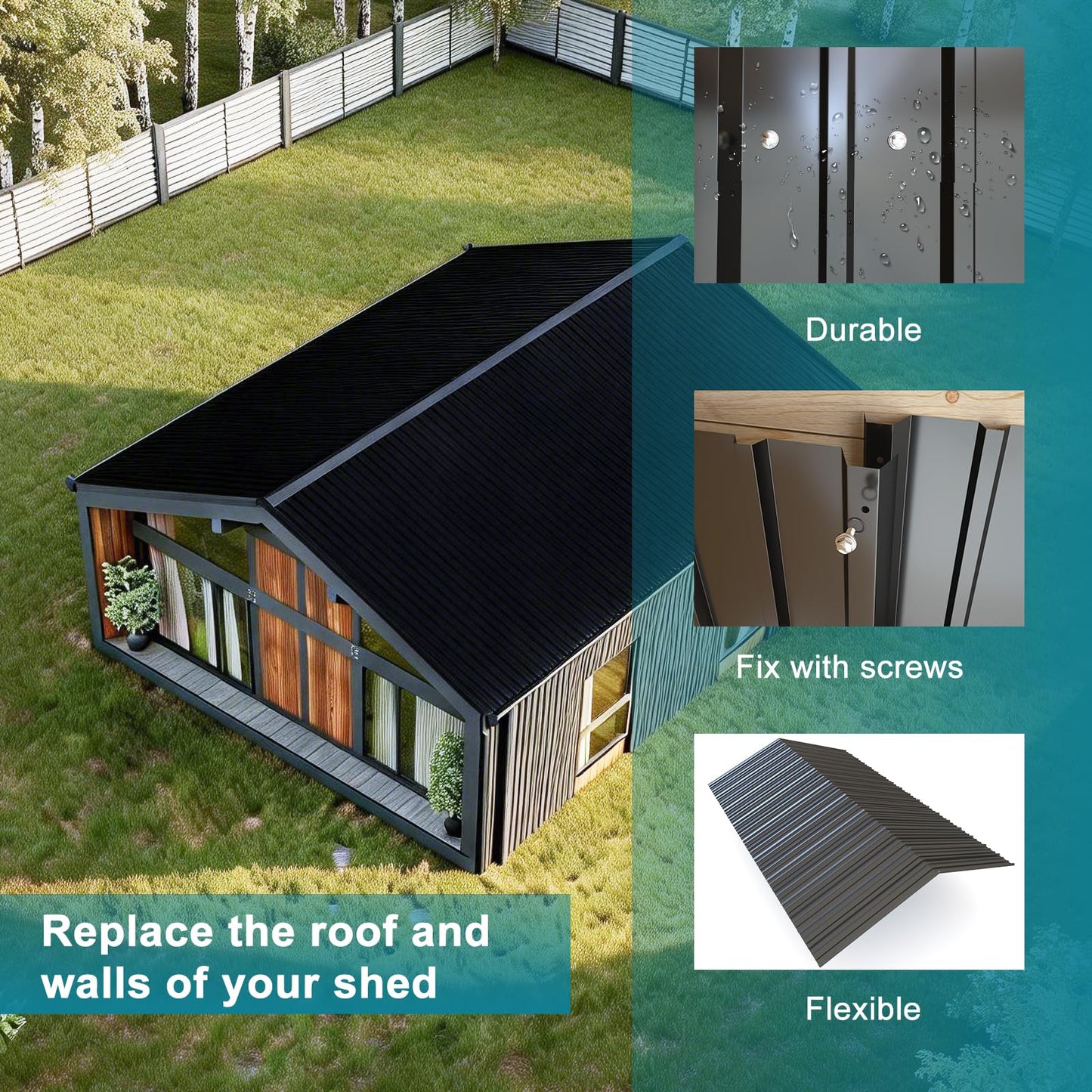 NeatiEase 10 Pcs Metal Roofing Panels, 8.1 Feet Corrugated Galvanized Roofing Panels Metal Siding Panels with Steel Screws for Pergola, Gazebo, Shed, Outdoor Storage, Chicken Coop,Garages (Black)