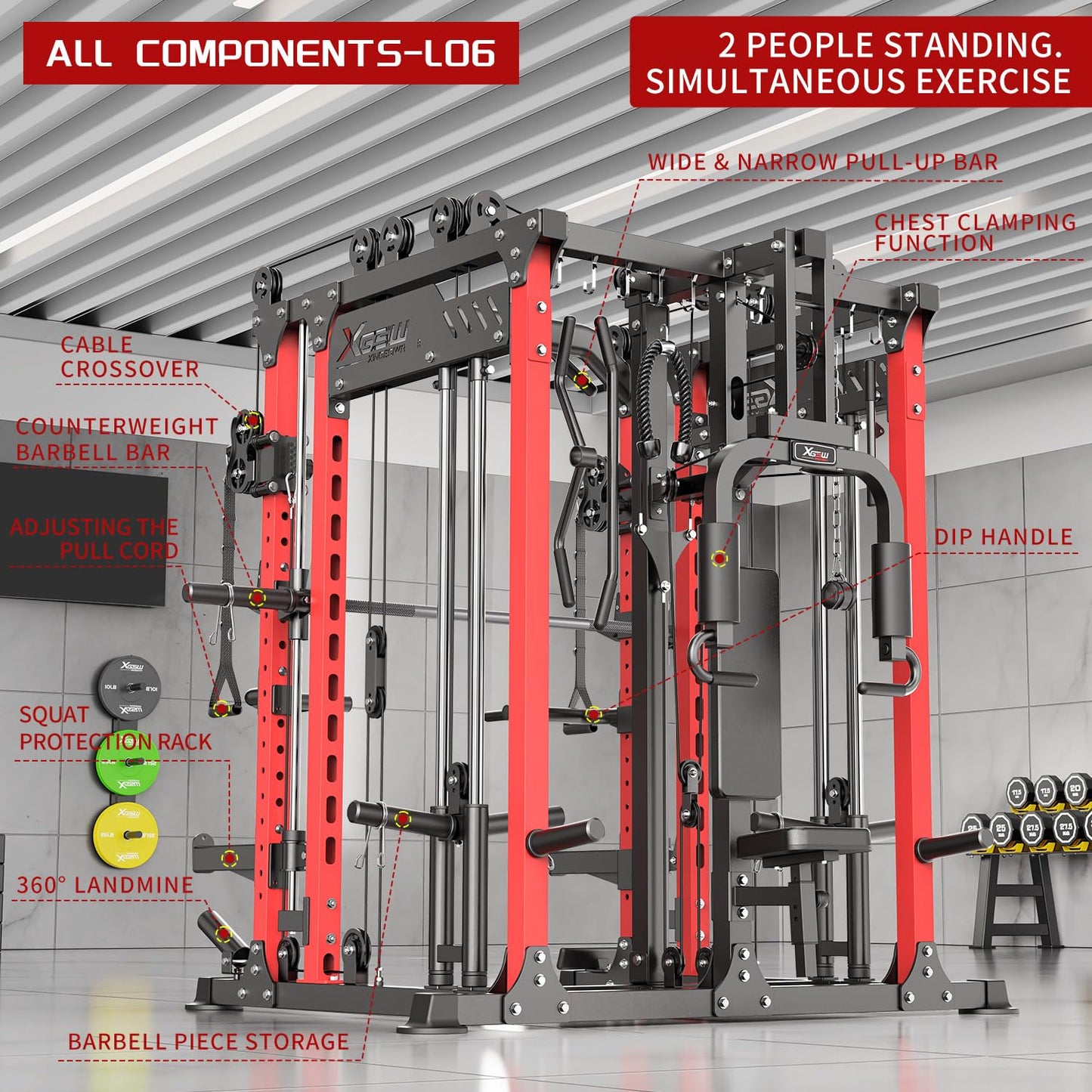 XGSW XINGESIWR Multi-Purpose Squat Rack,Smith Machine Weight Rack Set with Cable Crossover System, Home Gym Power Racks, Power Racks and Packages (L06 Two Users, Power cage Red+Bench)