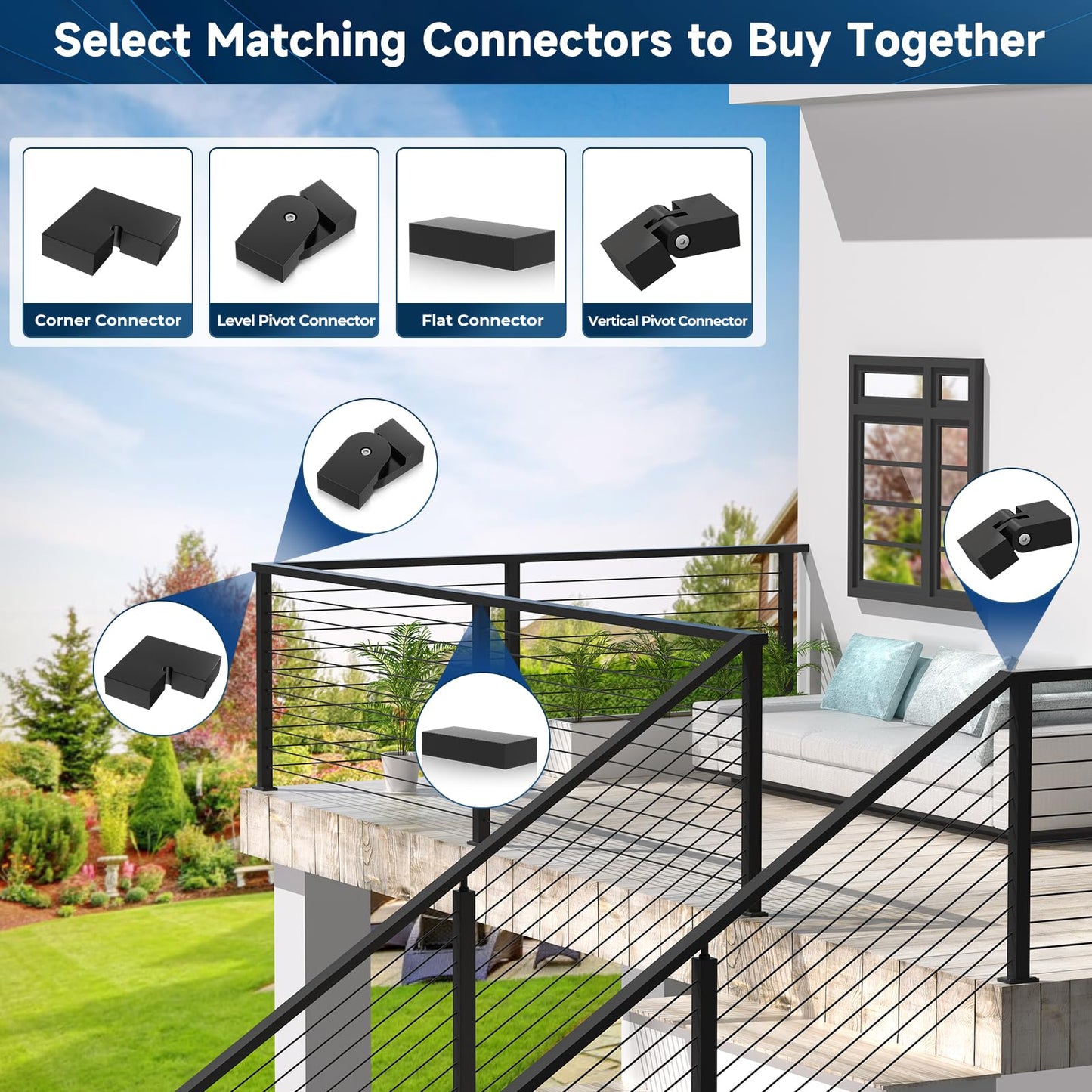 Gyykzz 8FT Stainless Steel T304 Black Handrail, 3 Pack Rectangular Cuttable Handrail Flat Deck Top Rail with 12 Pcs Nylon End Caps for Indoor Outdoor Deck Stair Cable Railing System DIY Balustrade