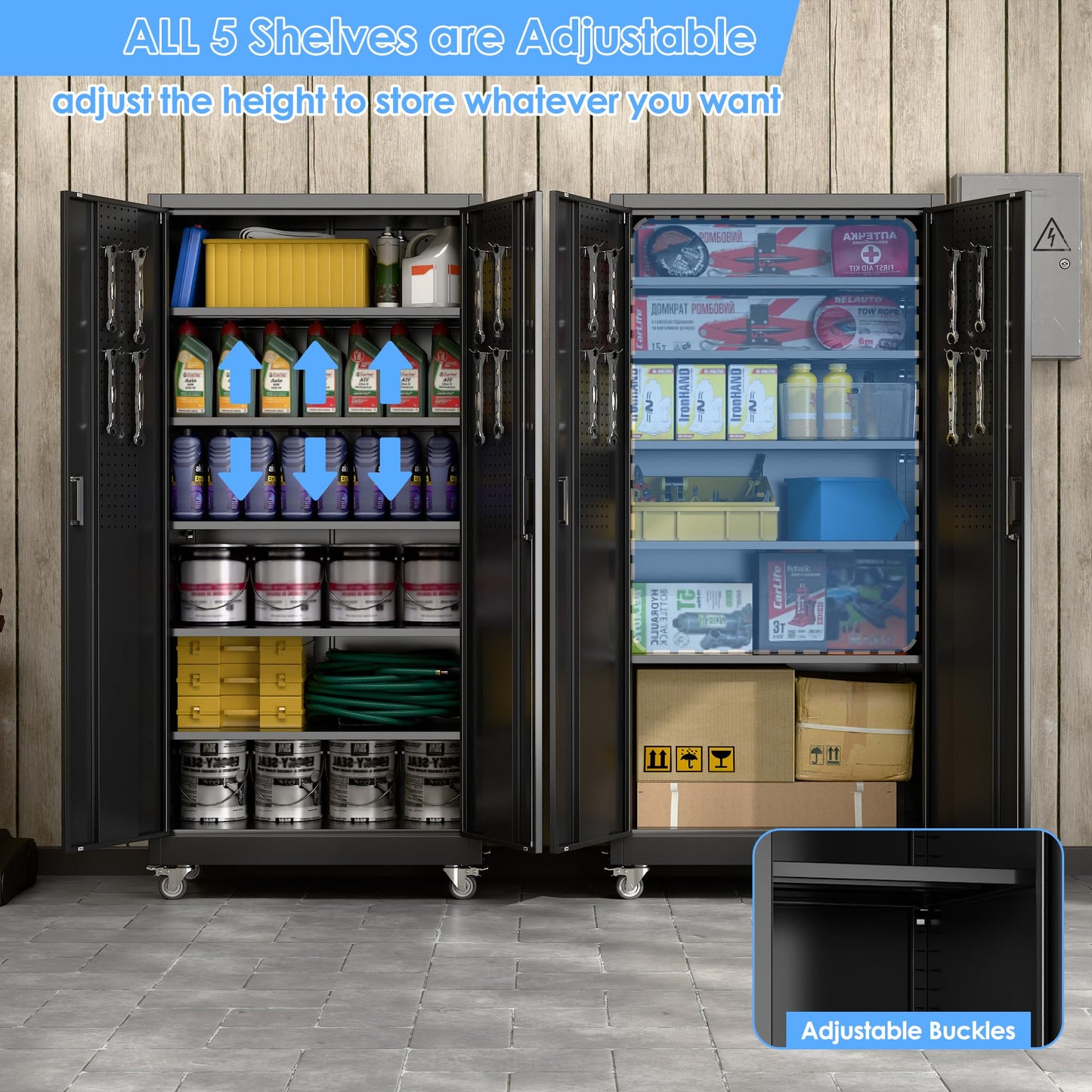 Reemoon Metal Storage Cabinet with Wheels and Pegboard, 71" Tall Garage Storage Cabinet with 5 Adjustable Shelves and Locking Doors, Heavy Duty Steel Utility Cabinet for Office