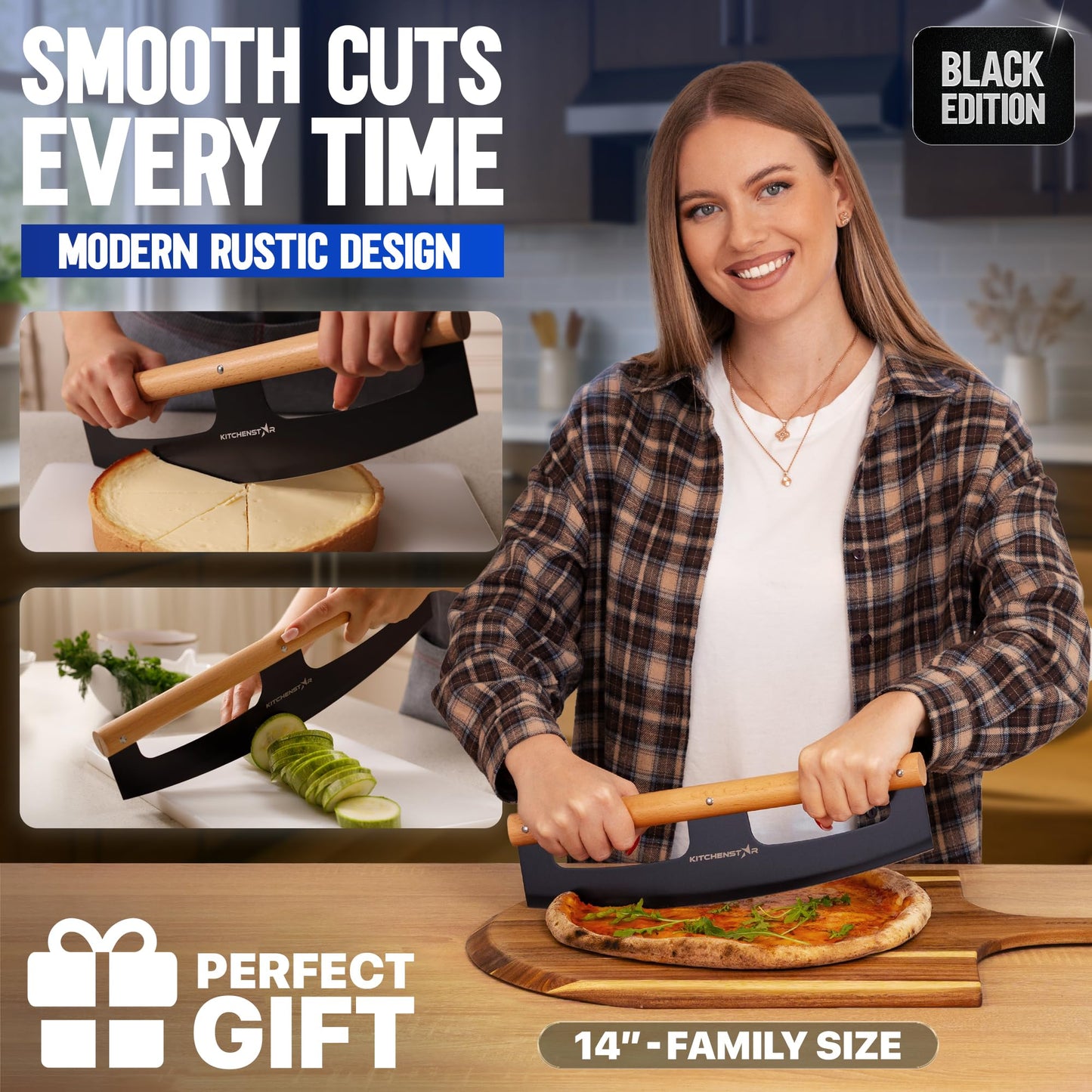 KitchenStar 14-Inch Pizza Cutter Rocker Blade - Razor Sharp Stainless Steel Slicer Knife, Stylish Beech Wood Handle, Protective Cover - Professional Pizza Oven Accessories, Black