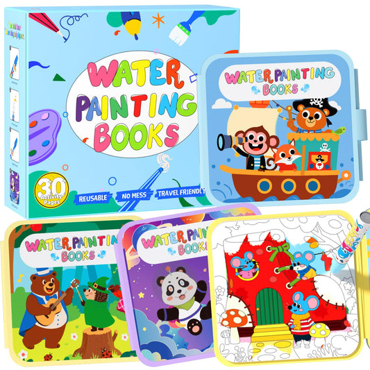 BATHKITS Reusable Water Painting Book for Kids - 3 Pack Magic Water Coloring Books with Water Pens, Fairy Tale, Animal & Space Themes | No Mess Paint, Travel Activity Toy, Gift Box, 30 Pages, Ages 3+