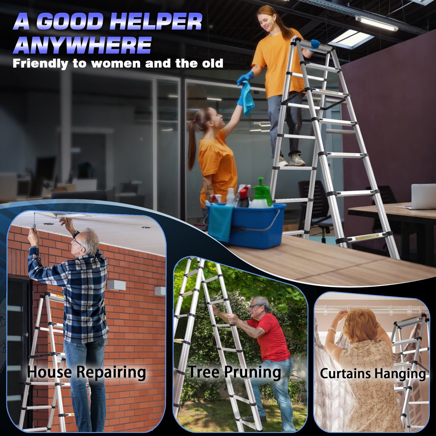 Walking Telescoping Extension Ladder,5+5 Step Ladder,330LB Load Capacity,Portable Telescopic Folding Ladder Heavy Duty Collapsible Ideal for Home and Outdoor Work(1.4m+1.4m/4.6FT+4.6FT Walking ladder)