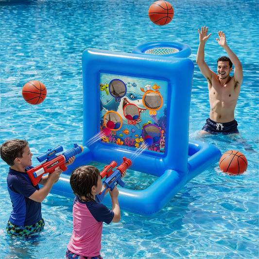 Pool Toys Games for Kids&Adults, 2-in-1 Pool Basketball Hoop with Shooting Target Game & with 2 Blasters, 40 Foam Balls, 4 Basketballs, Summer Outdoor Water Toys, Pool Party Lawn Backyard Games-Blue
