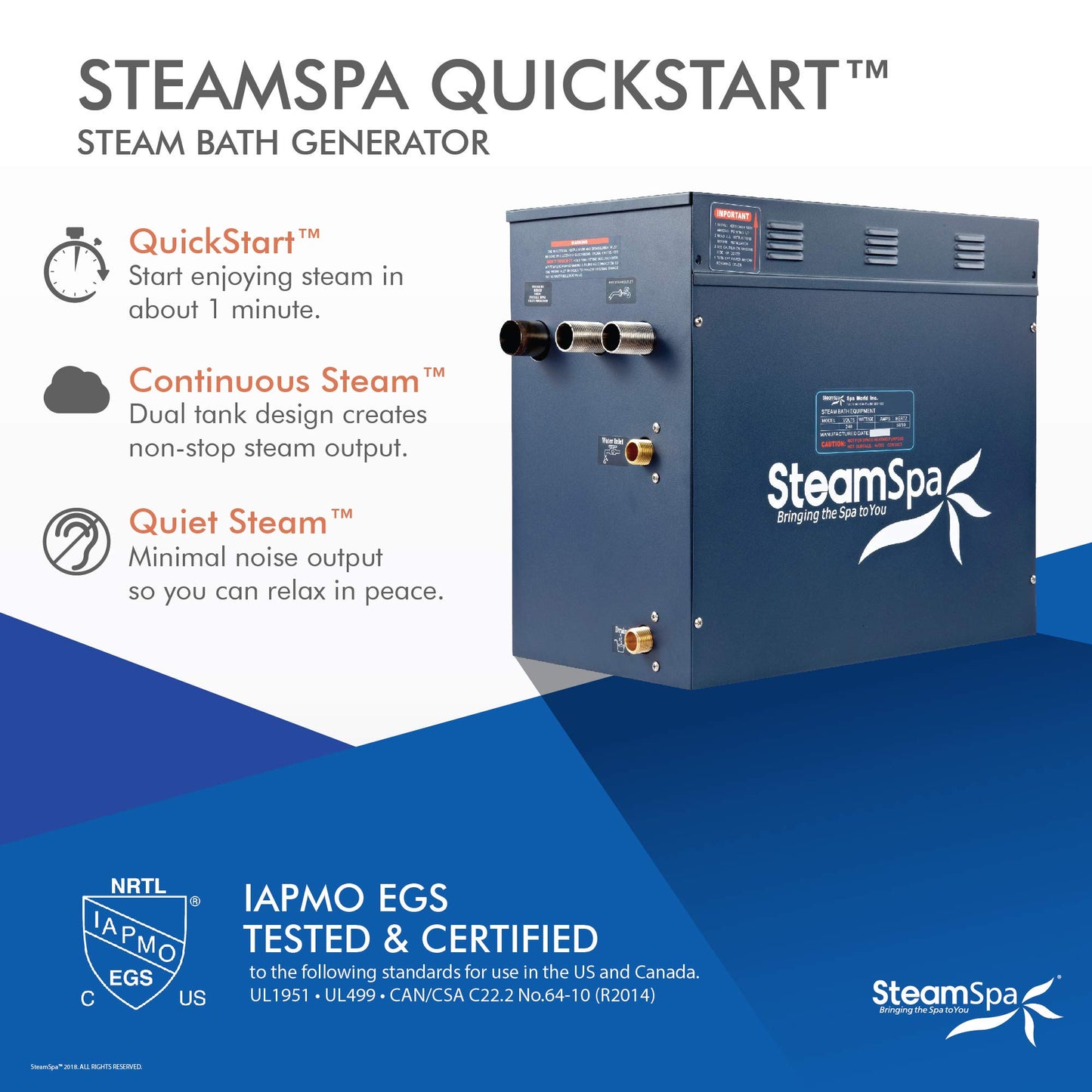 SteamSpa 10.5kW Steam Sauna Generator Premium Bundle 240V Steam Generator with Touch Pad Control, Steamheads, Pressure Relief Valve, Built-in Auto Drain and Plumber Quick Install Kit PRT1050OB-A