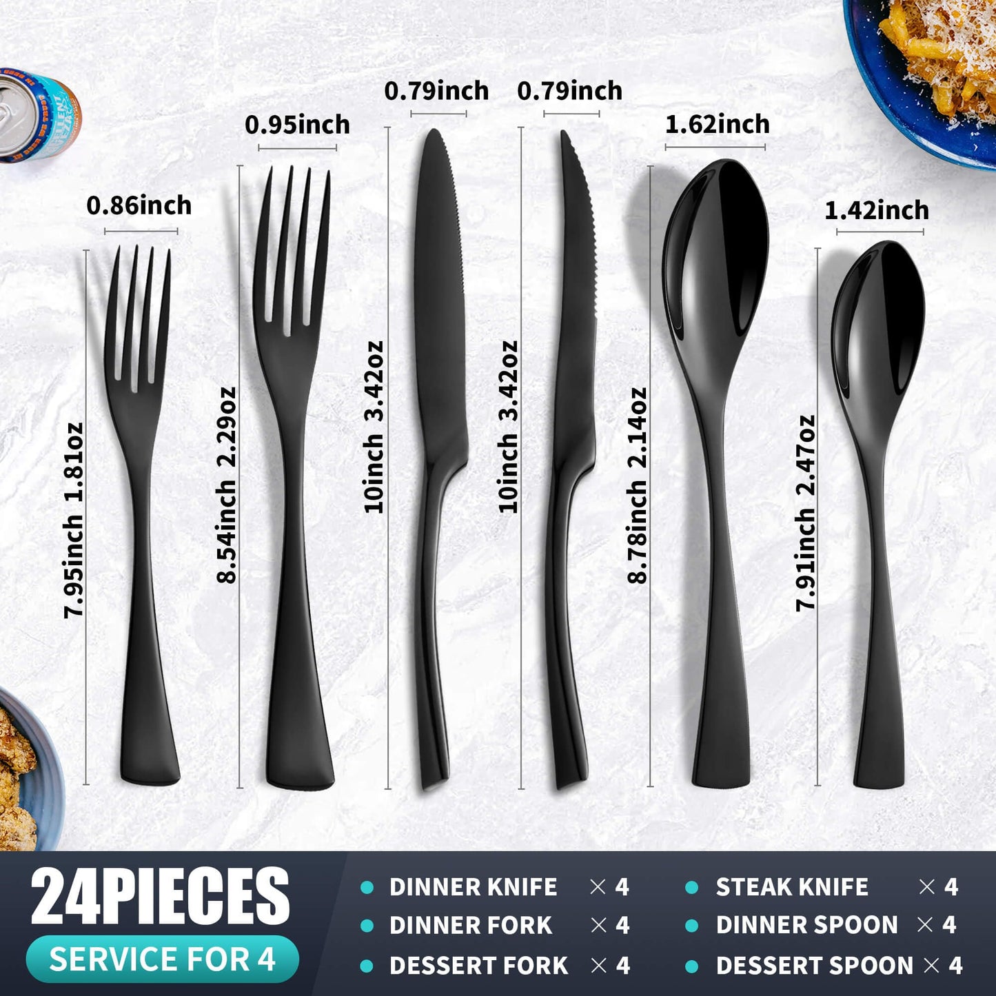 Joincook 24 Pieces Black Silverware Set with Steak Knives Service for 4,Modern 18/10 Stainless Steel Flatware Cutlery Set,Utensil Set for Home Restaurant Hotel,Mirror Polished,Dishwasher Safe