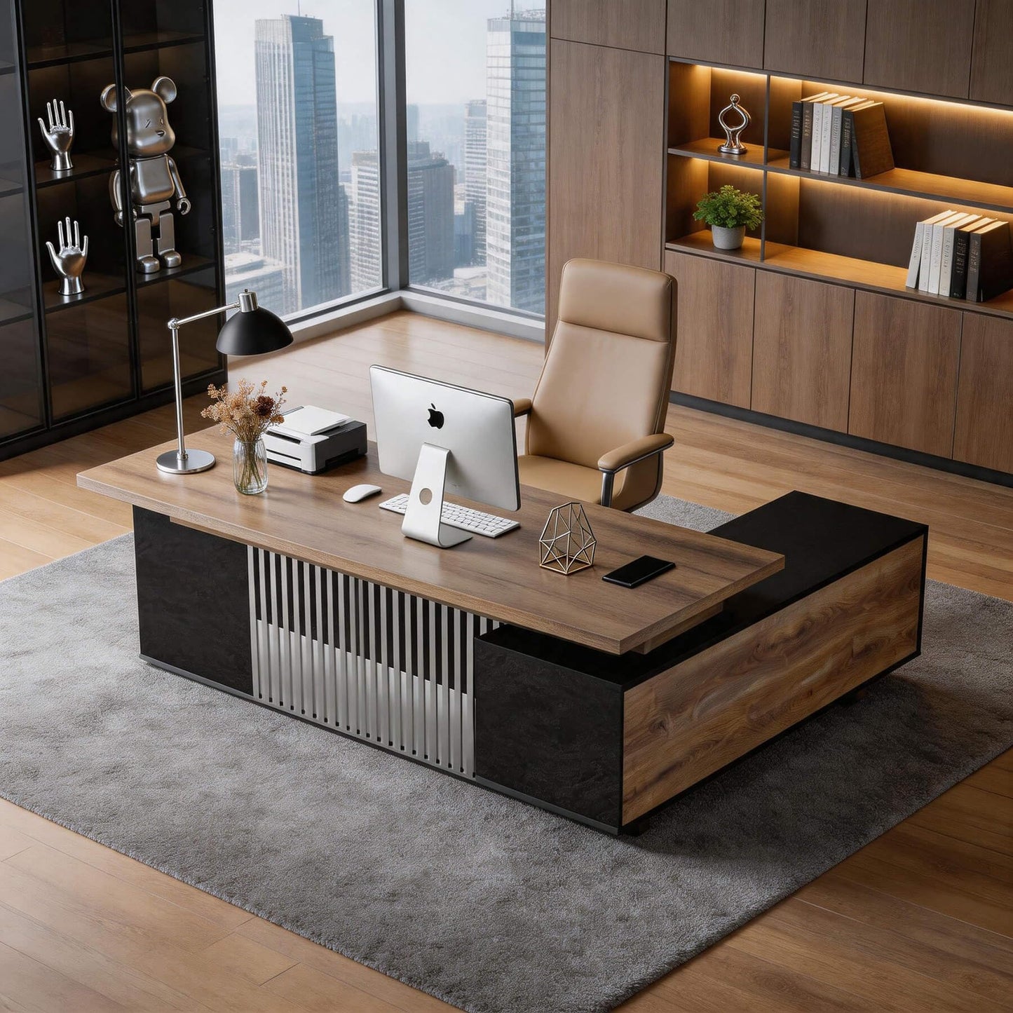 SAINTCY L-Shaped Executive Desk, Industrial Office Desk with Drawer & Cabinet, Large Wood Desktop, Unique Stainless Steel Privacy Screen (Left Return, 78.74")