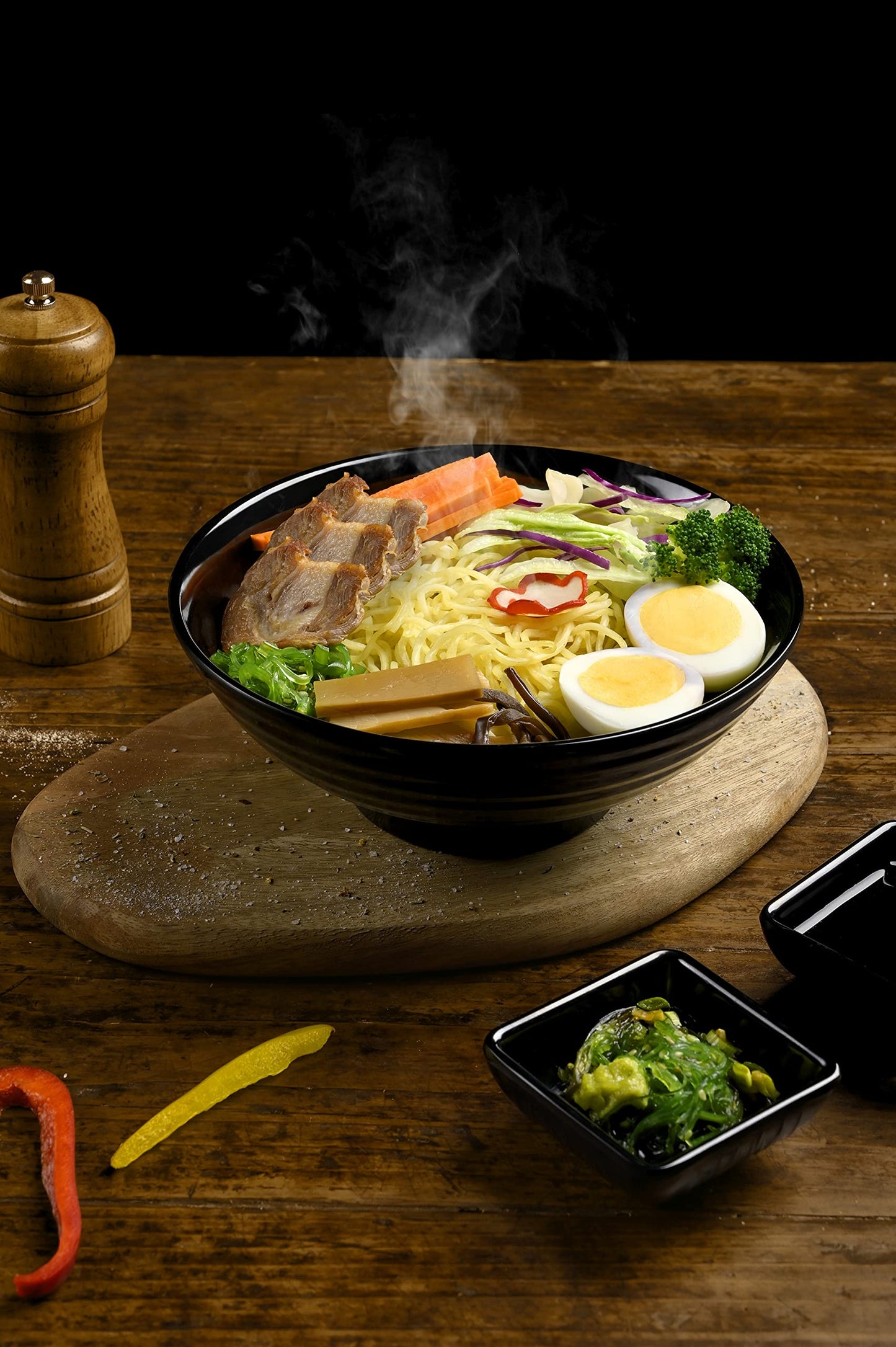 Unbreakable Ramen Bowl Set with Chopsticks and Spoon: 2 large Japanese Style Melamine Ramen Bowls, Dipping Bowls and Chopstick Stands for Asian Pho Soup Thai Miso Udon Wonton (2 Bowl Set, Black)