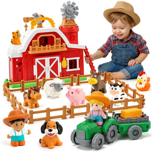 Toddler Farm Toys for 2 3 Year Old-All-in-One Barn Toy Set with Farm Animal Figures for Toddlers,Tractor&Fence,Educational Montessori-style Play Sets with Light&Sounds,Pretend Play Gift for Boys Girls