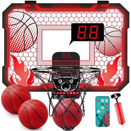 VROGTIK Indoor Basketball Hoop for Kids with Led Lights Mini Basketball Hoop with Remote Control Over The Door Basketball Hoops with Scoreboard Basketball Toys for 4-12 Year Old Boys Girls