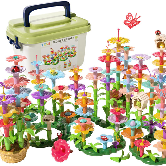 TEMI 224 PCS Flower Garden Building Toys for Girls Toys, Educational STEM Toy and Preschool Garden Play Set for Toddlers 3 4 5 6 7 8 Year Old Kids Boys Girls, Flower Stacking Toys for Kids Age 3-8