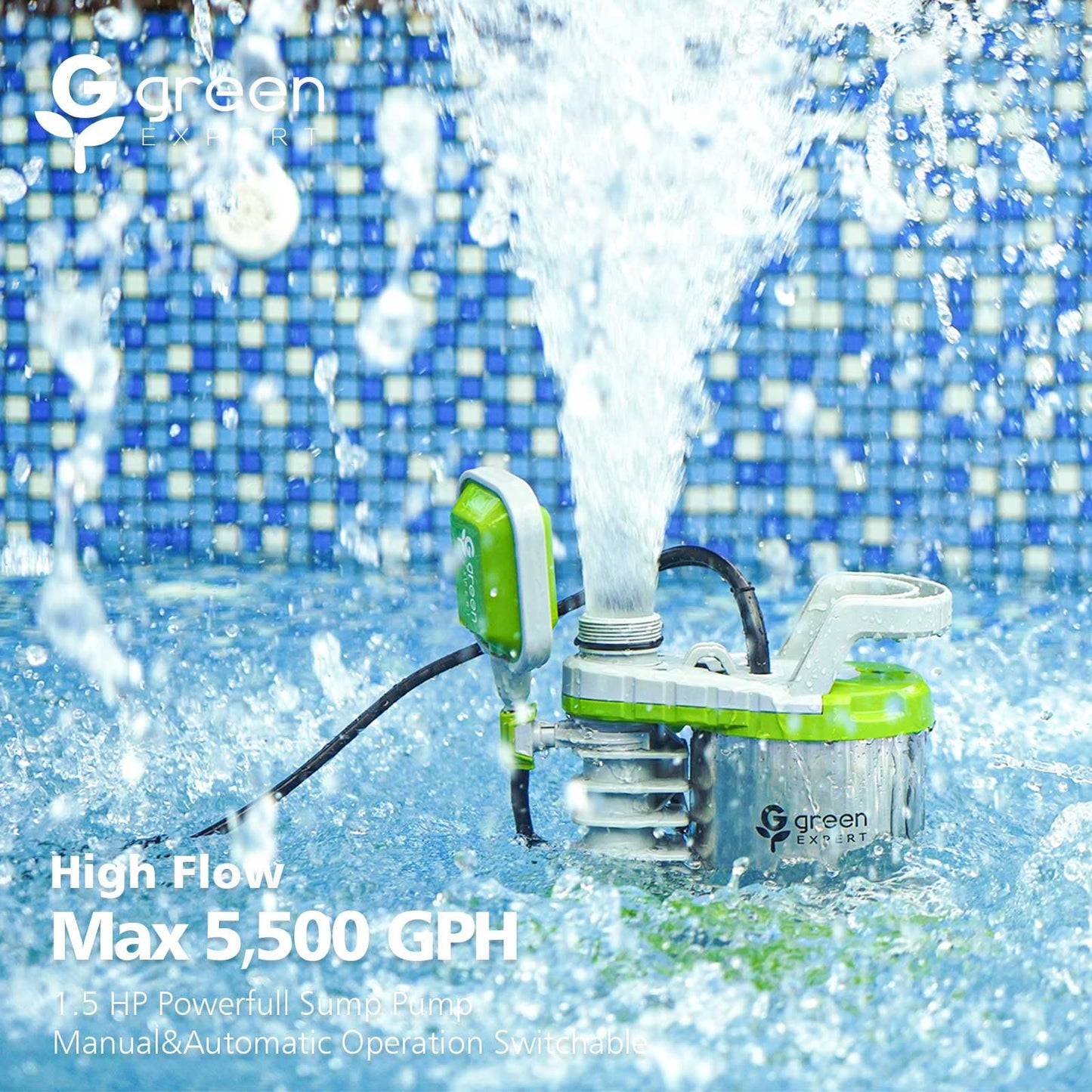 Green Expert Submersible Sump Pump, 1.5HP 5500GPH Effluent/Sewage Pump for Dirty Water, Auto/Manual Tethered Float, Adjustable Intake Base, 25ft Cord, Solids up to 0.8in, Basement Pit Drainage