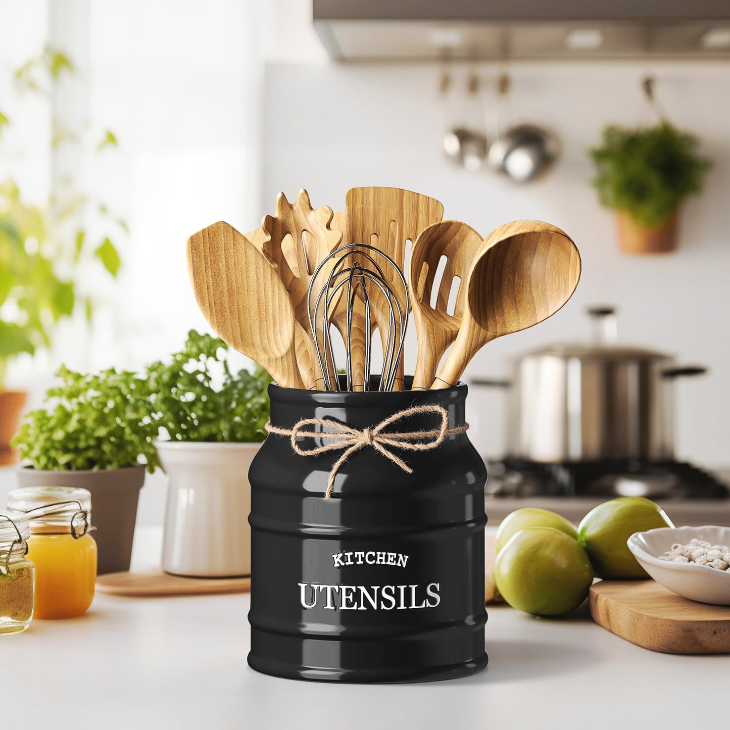 Barnyard Designs Ceramic Farmhouse Utensil Holder for Kitchen Counter, Large Rustic Utensil Crock, Countertop Cooking Tool Spatula Organizer, 6.75” (Black)