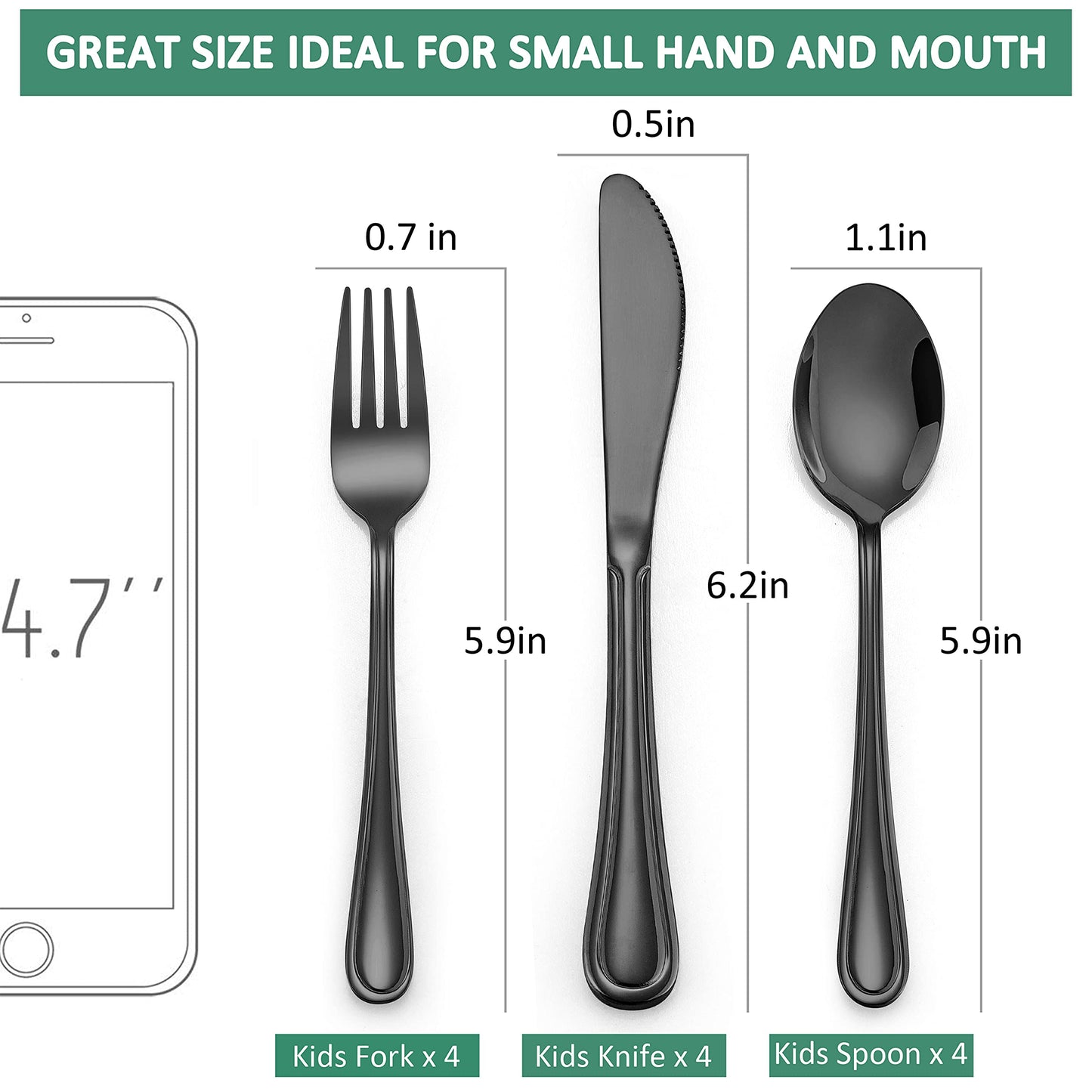 LIANYU 15-Piece Black Kids Silverware Set, Stainless Steel Toddler Utensils Flatware Set, Child Cutlery Tableware Set for 5, Include knife Fork Spoon, Mirror Finished, Dishwasher Safe