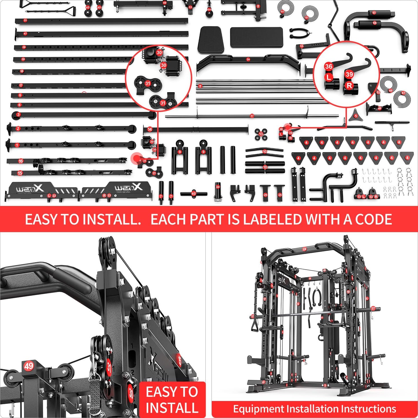Multi-Purpose Squat Rack,Smith Machine Weight Rack Set with Cable Crossover System, Home Gym Power Racks, Power Racks and Packages (L06 two users, Power cage Black+bench+Cast lron 184LBS)