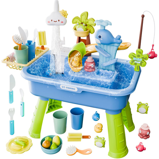 Cosminy 2026 Upgraded Water Table for Toddlers 3+, Water Table for Kids Ages 4-8 with Pump, Play Sink with Running Water, Kitchen Sink for Toddlers, Fishing Game and Outside Sensory Toys (Blue)