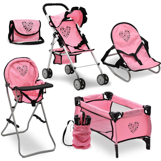 Dolls To Play Baby Doll Stroller Bed and Seat Nursery Playset, Accessories Set High Chair Diaper Bag Role Play Deluxe Set Heart Design