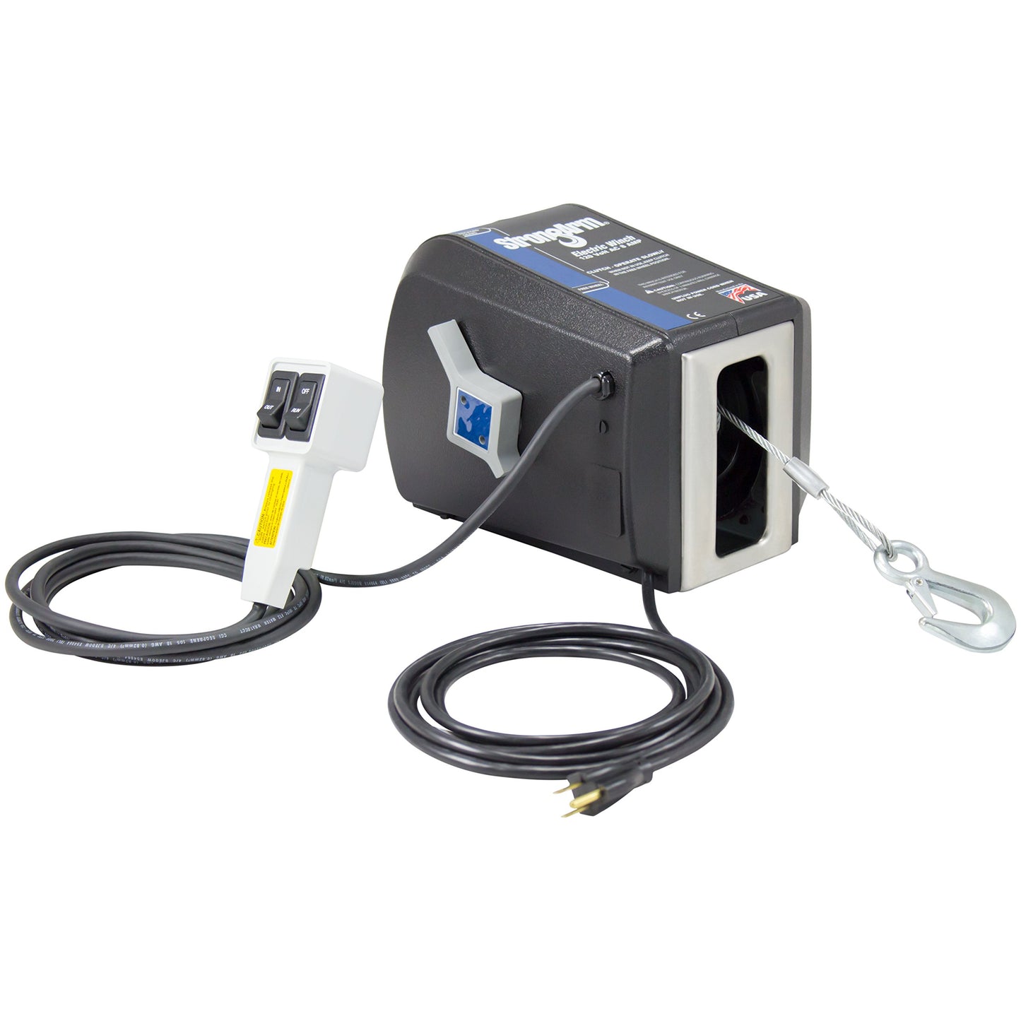 Dutton-Lainson Company - StrongArm (SA5015AC) 120 Volt Electric Winch with Built-In Remote & 3/16" x 20ft Aircraft Cable and Hook for Hauling and Pulling Operations - 1200 lb Capacity, Clutch Lever