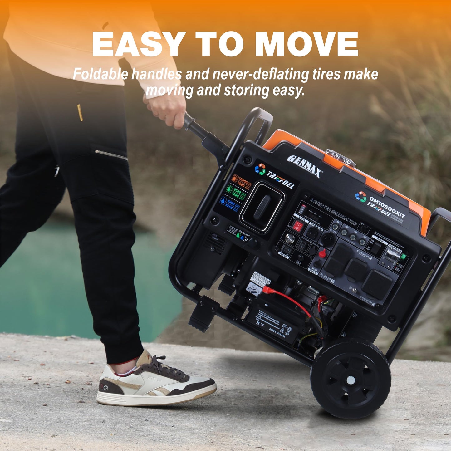 GENMAX 10500 Peak Watt Tri Fuel Open Frame Inverter Generator,with ATS,Quiet Technology,CO Sensor,digital display and 50A,Ideal for Home backup,contruction site and RV Camping (GM10500XiT)