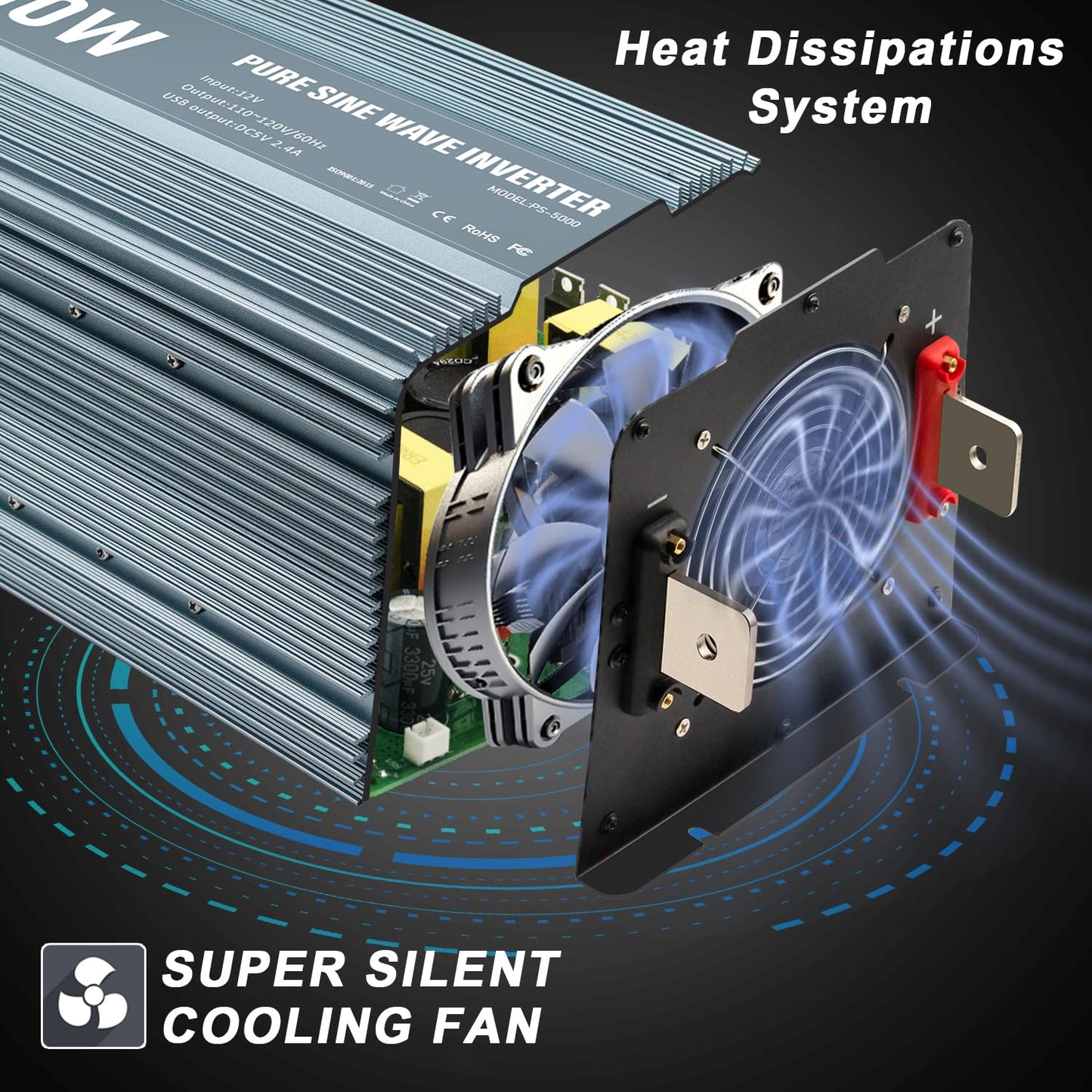 5000 watt Pure sine Wave car Power Inverter 12v to 110v /120V Inverter for car Vehicles Truck Camping Solar Panel Power Converter Adapter with Clamps Inverter 5000W