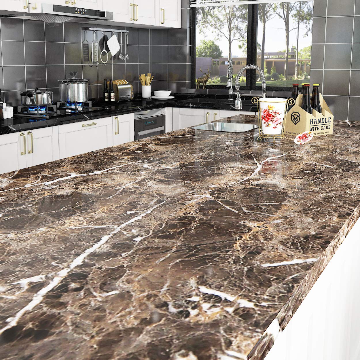Livelynine 36 X 197 Inch Wide Dark Brown Contact Paper for Countertops Waterproof Kitchen Countertop Peel and Stick Wallpaper Marble Kitchen Island Table Top Desk Cover Counters Adhesive Vinyl Wrap