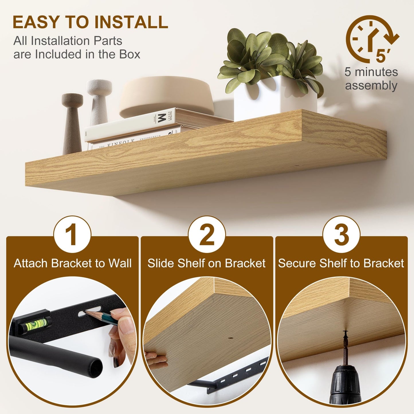 Fun Memories Floating Shelves for Wall, 36Inch Floating Shelves Set of 2, Hanging Shelf with Invisible Brackets, Bathroom Shelves for Living Room, Bedroom, Kitchen- Oak