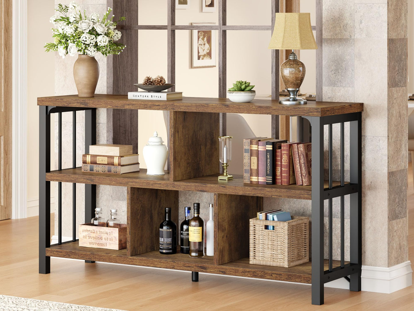 IBF Farmhouse 3 Tier Open Book Shelf, Wood and Metal 5 Cube Storage Organizer, Modern Low Horizontal Bookshelf for Bedroom Living, Long Wide Office Cubby Bookcase with Storage, Rustic Brown, 47 Inch