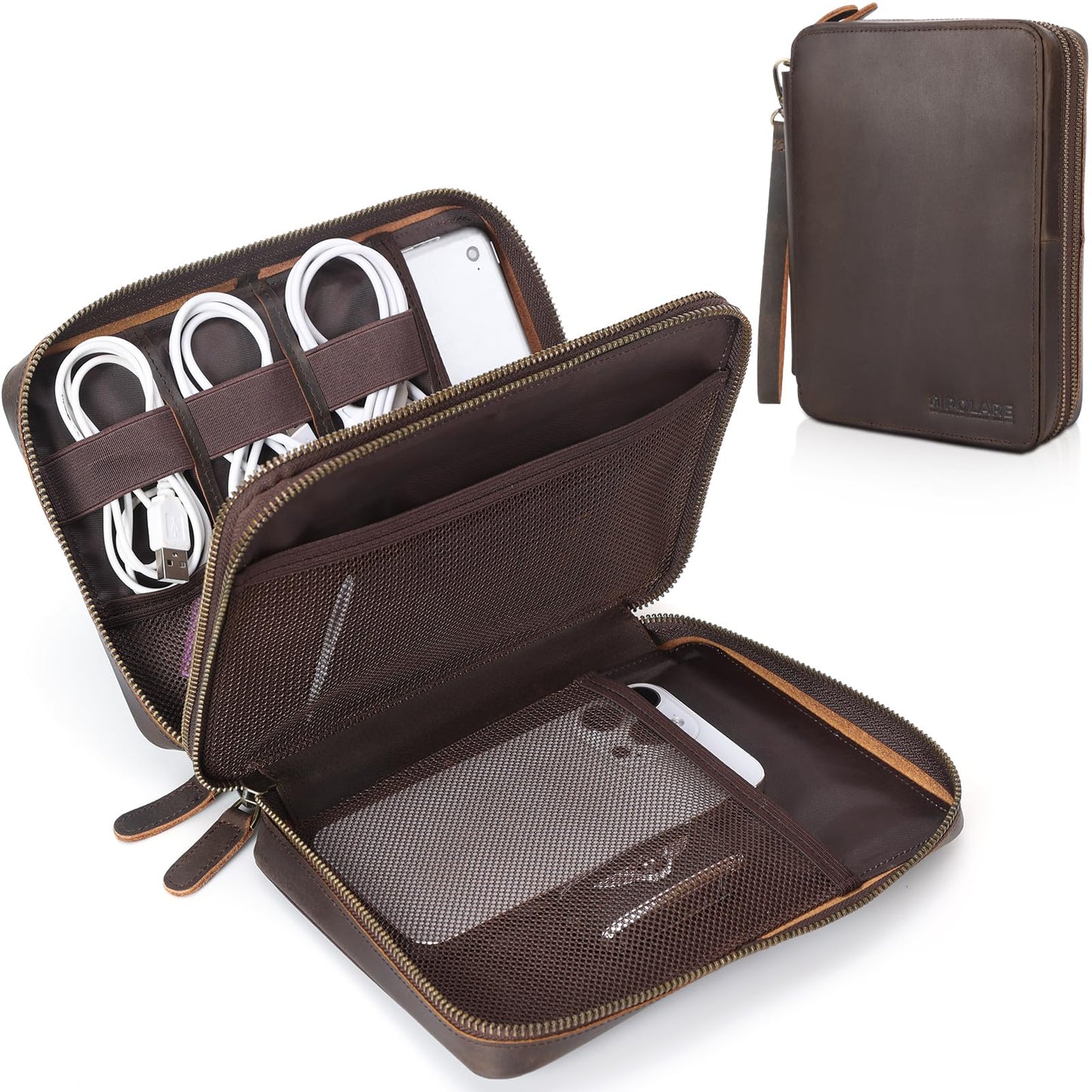 Polare Full Grain Leather Travel Cable Organizer Case Double Layer Electronics Accessories Carry Bag with YKK Zippers Tech Storage Bag for Cables, Power Bank, USB, SD Card