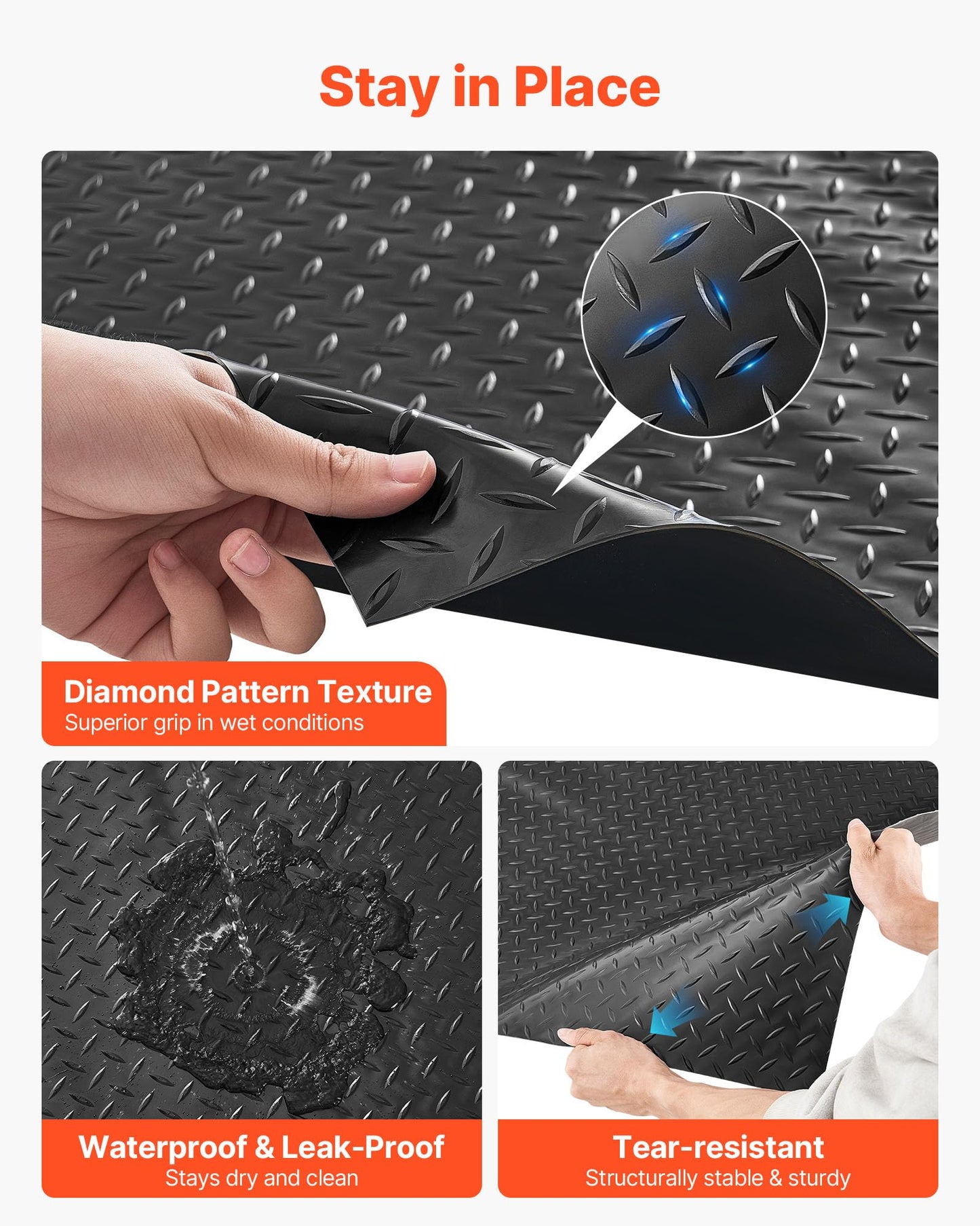 VEVOR Garage Floor Roll, 4 x 10 ft Garage Flooring Mat, 2.2 mm Thickened PVC Diamond Plate Floor Protector Mat with Double-Sided Tape, Non-Slip, Easy to Clean for Warehouse, Gyms, Trailer, Black