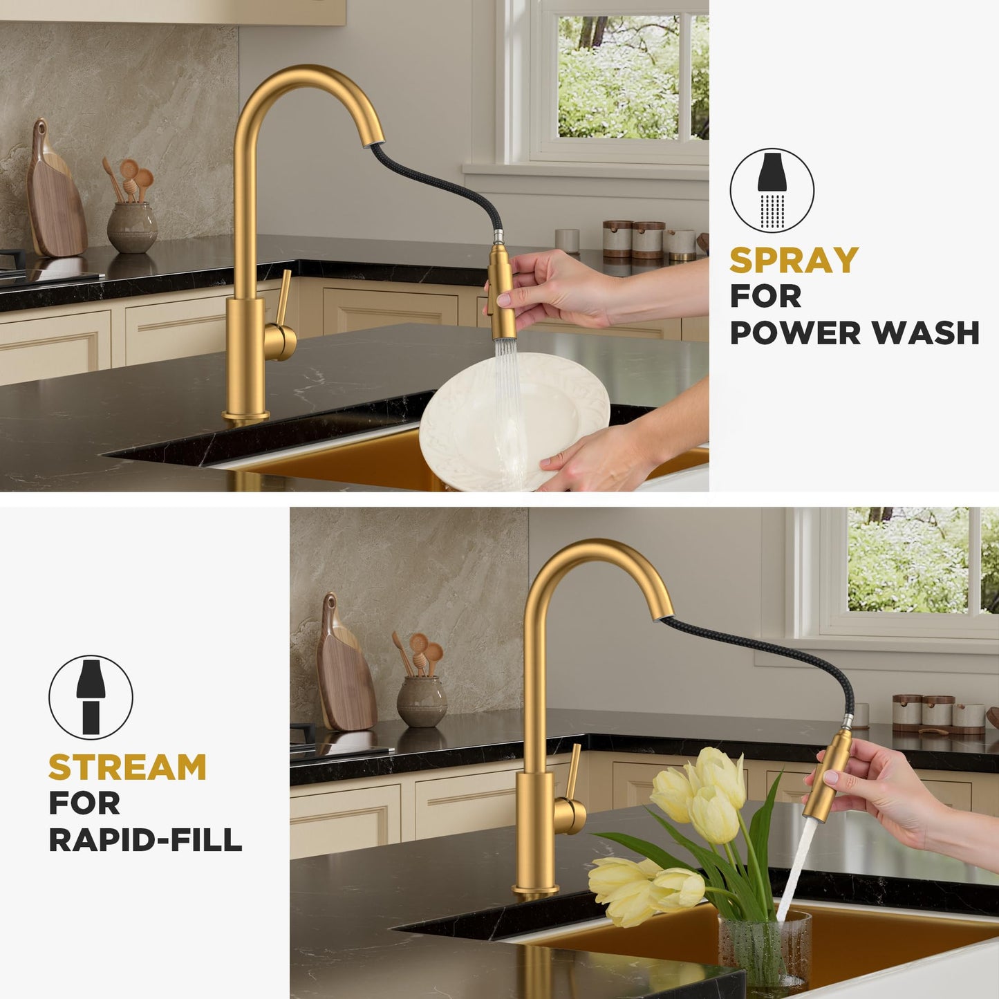 FORIOUS Gold Kitchen Faucet with Pull Down Sprayer, Brushed Brass High Arc Gooseneck Modern Sink Faucet with CUPC Ceramic Cartridge, Single Handle Stainless Steel and Deck Plate