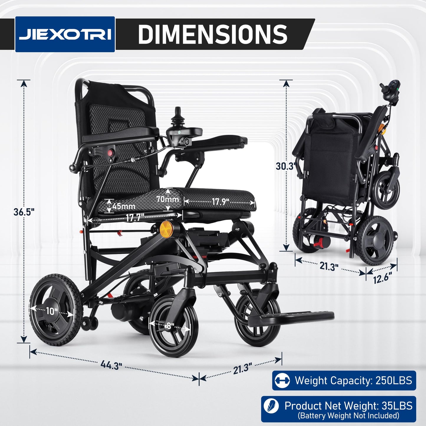 Lightweight Electric Wheelchairs for Adults Foldable Only 35lbs, 500W Dual Motors Motorized Wheelchairs for Seniors Support 250 lbs, All Terrain Travel Powered Wheel Chairs, Black