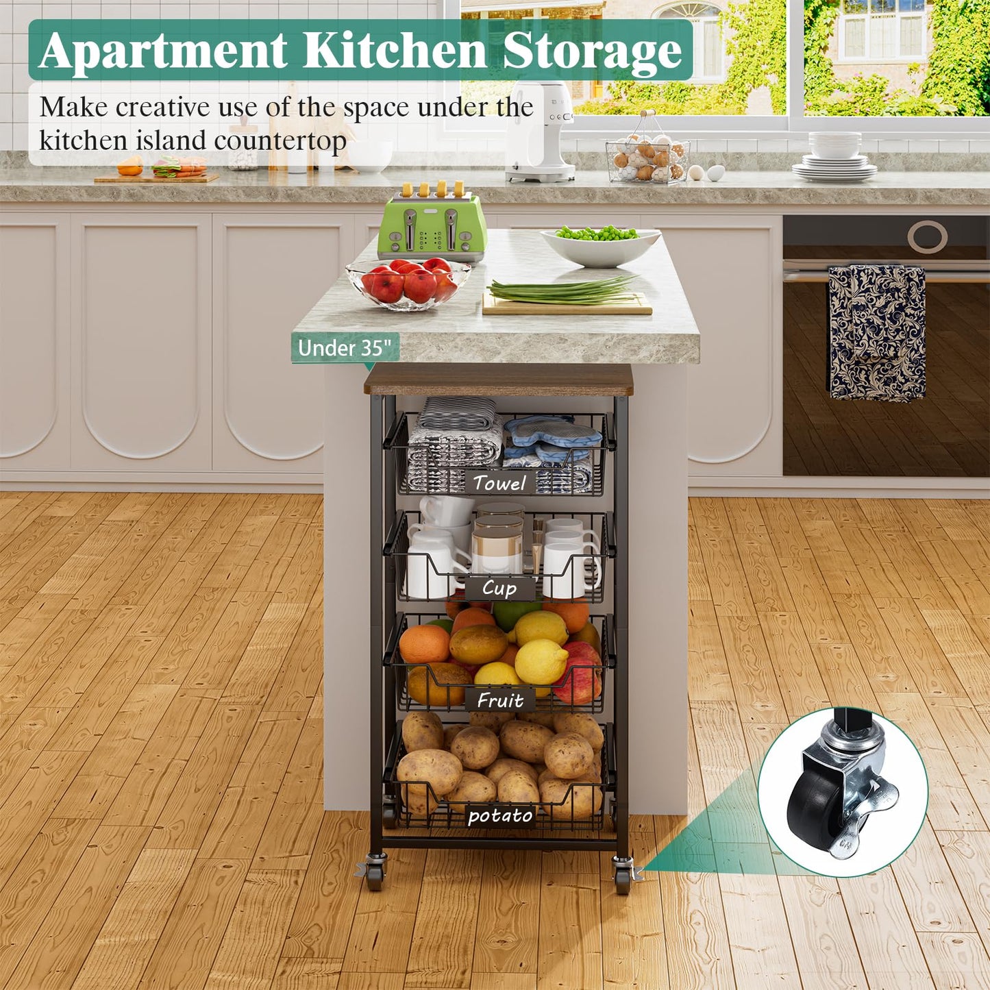 CHLORYARD 5-Tier Vegetable Fruit Basket Kitchen Storage Rolling Cart on Wheels with Pull-Out Baskets and Wood Top for Kitchen Diningroom Pantry