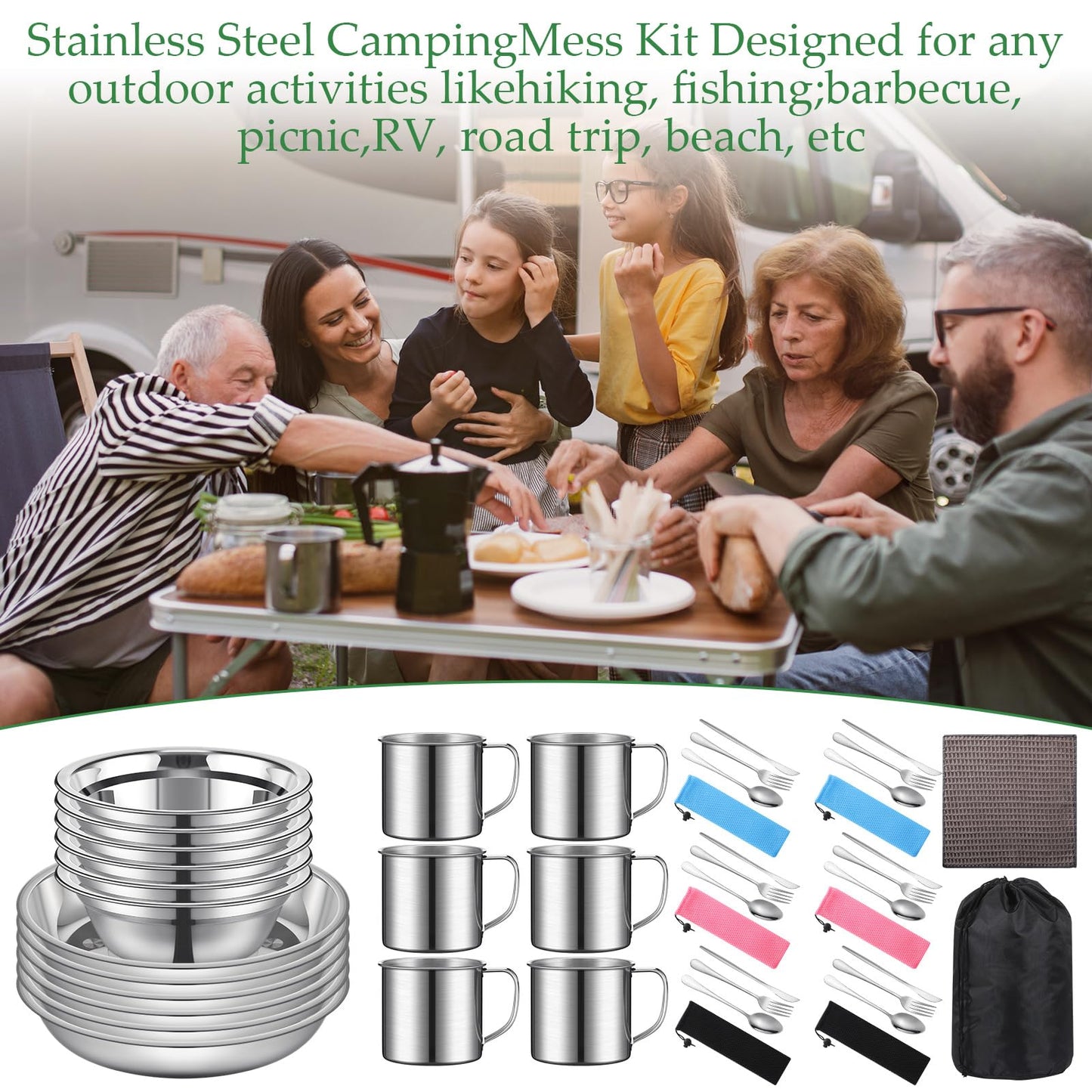 Lallisa 16 Pcs Outdoor Camping Cookware Mess Kit Polished Stainless Steel Dishes Camping Utensils Portable Tableware with Plates Cups Spoons Forks Knives Mesh Bag for Backpacking Hiking