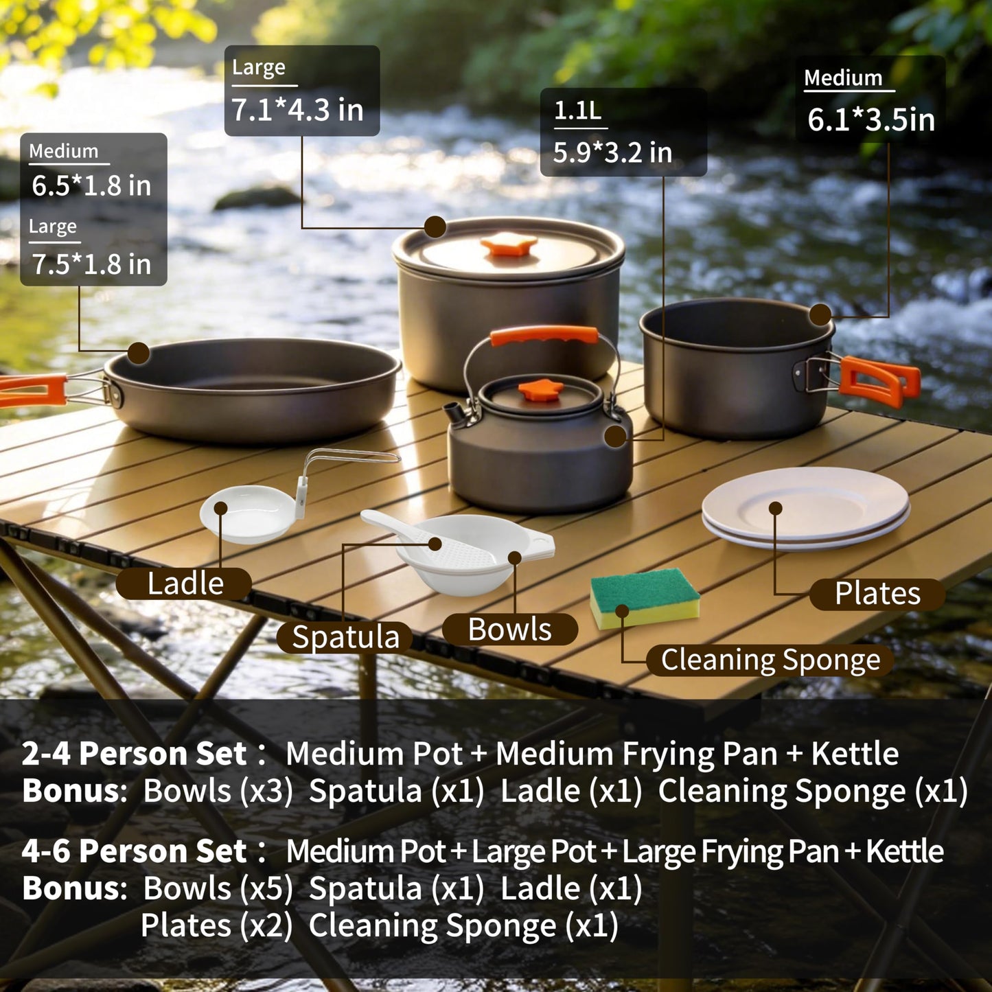 TGpao Collapsible Camping Cookware Set, Portable 4-in-1 Outdoor Pot & Pan Kit with Nonstick Frypan, Pot, Kettle & Carry Bag, Hard-Anodized Aluminum for Backpacking, Camping, Hiking (2-4 Person)